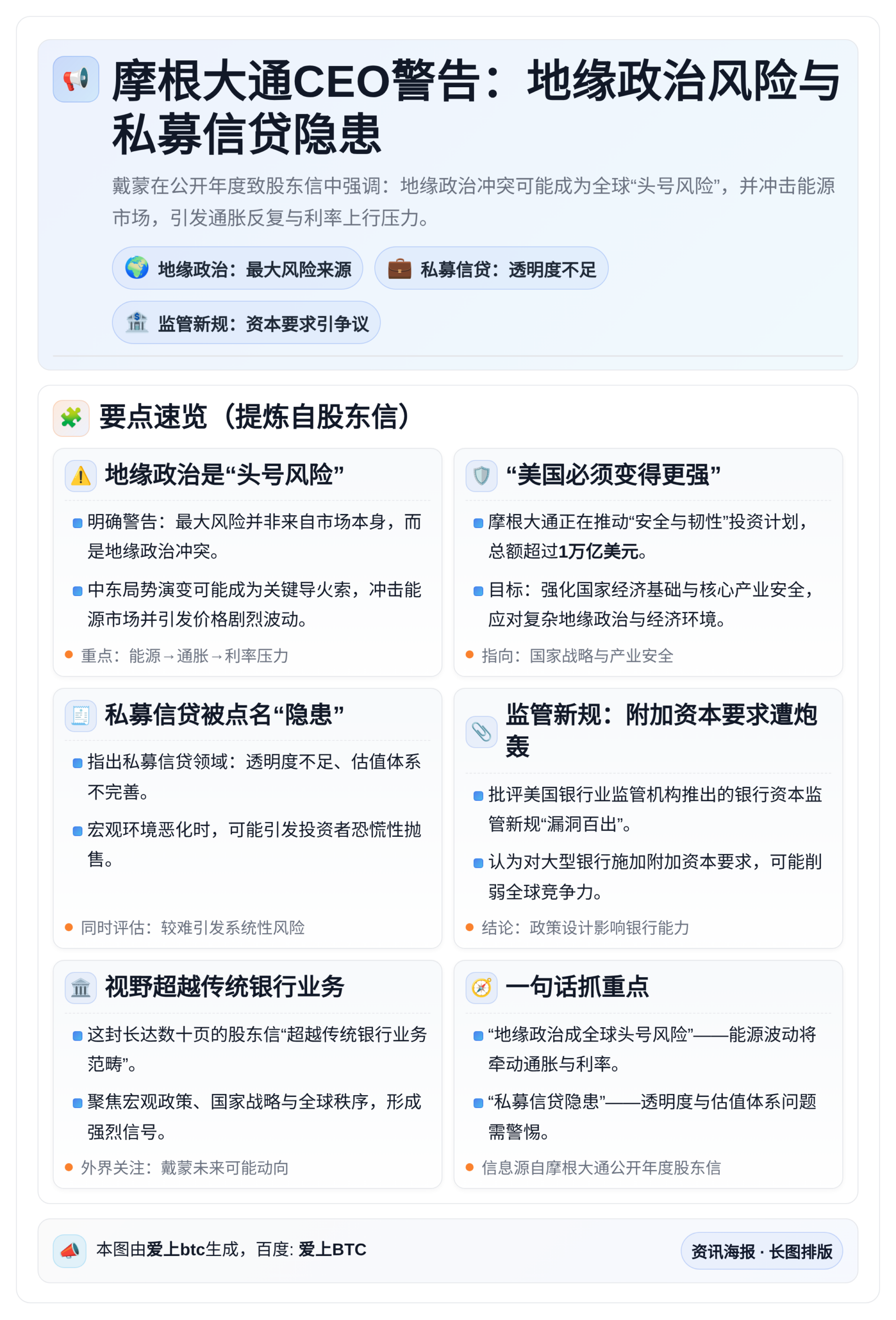 摩根大通CEO警告：地缘政治风险与私募信贷隐患