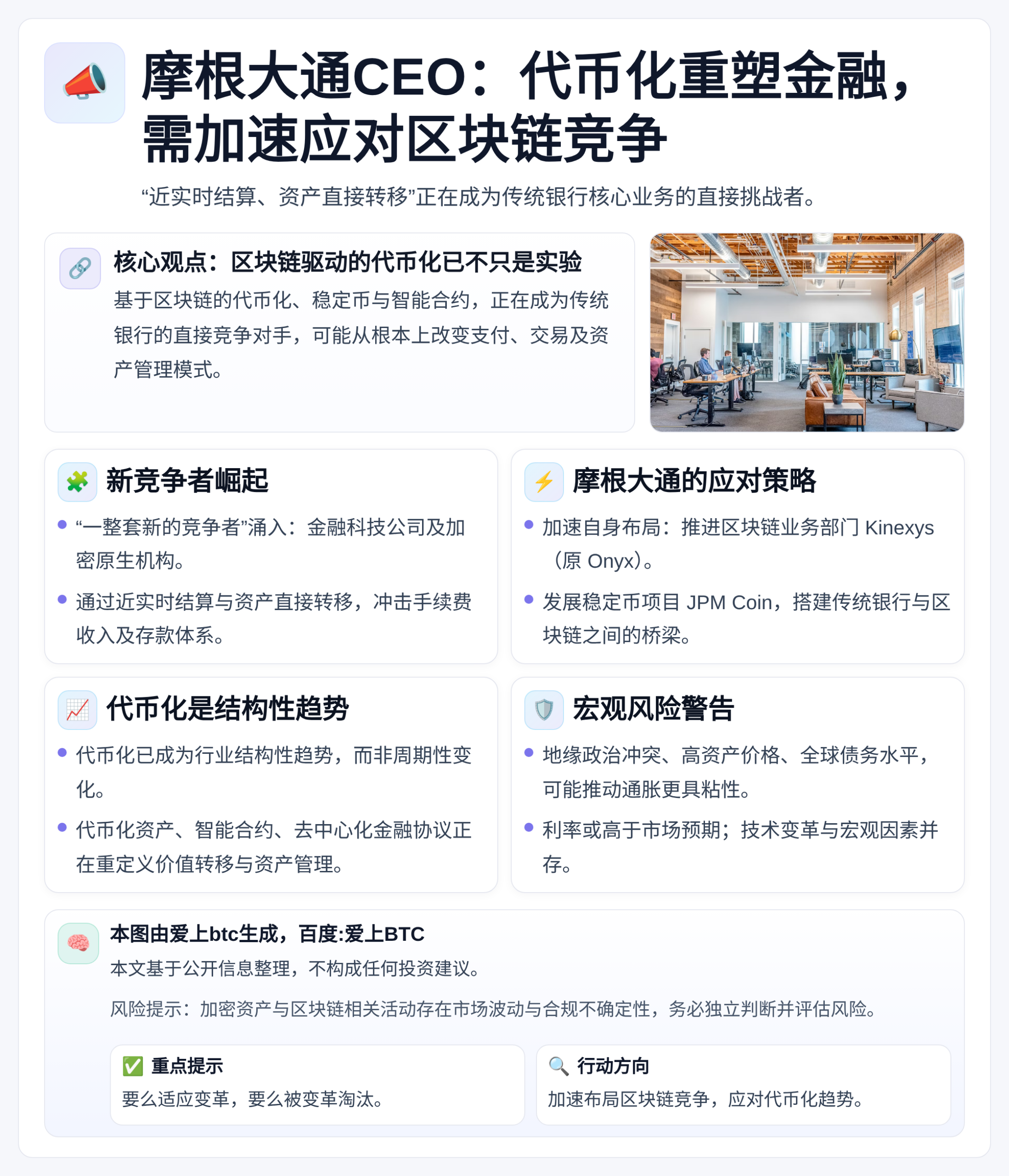 摩根大通CEO：代币化重塑金融，需加速应对区块链竞争