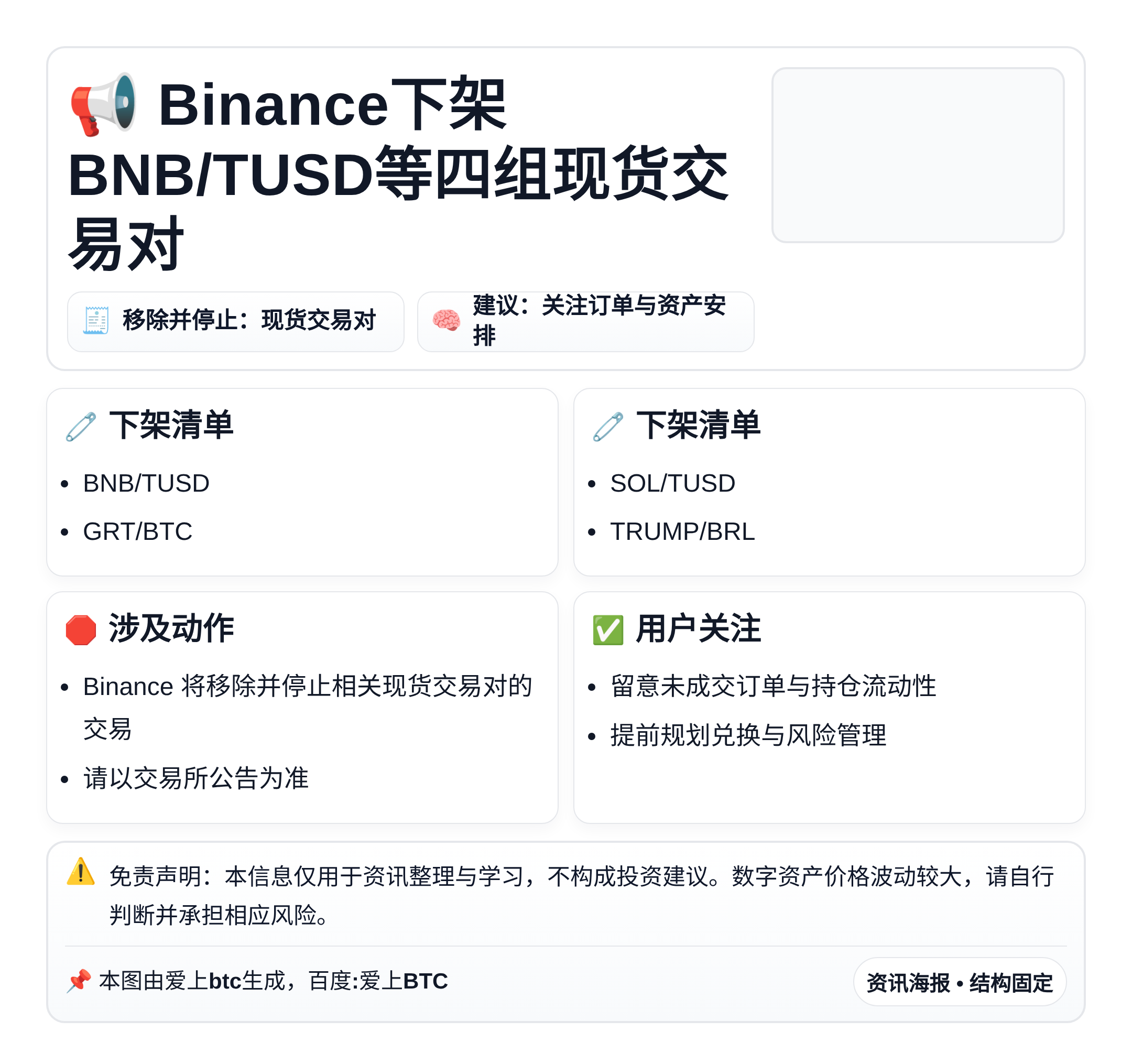 Binance下架BNB/TUSD等四组现货交易对