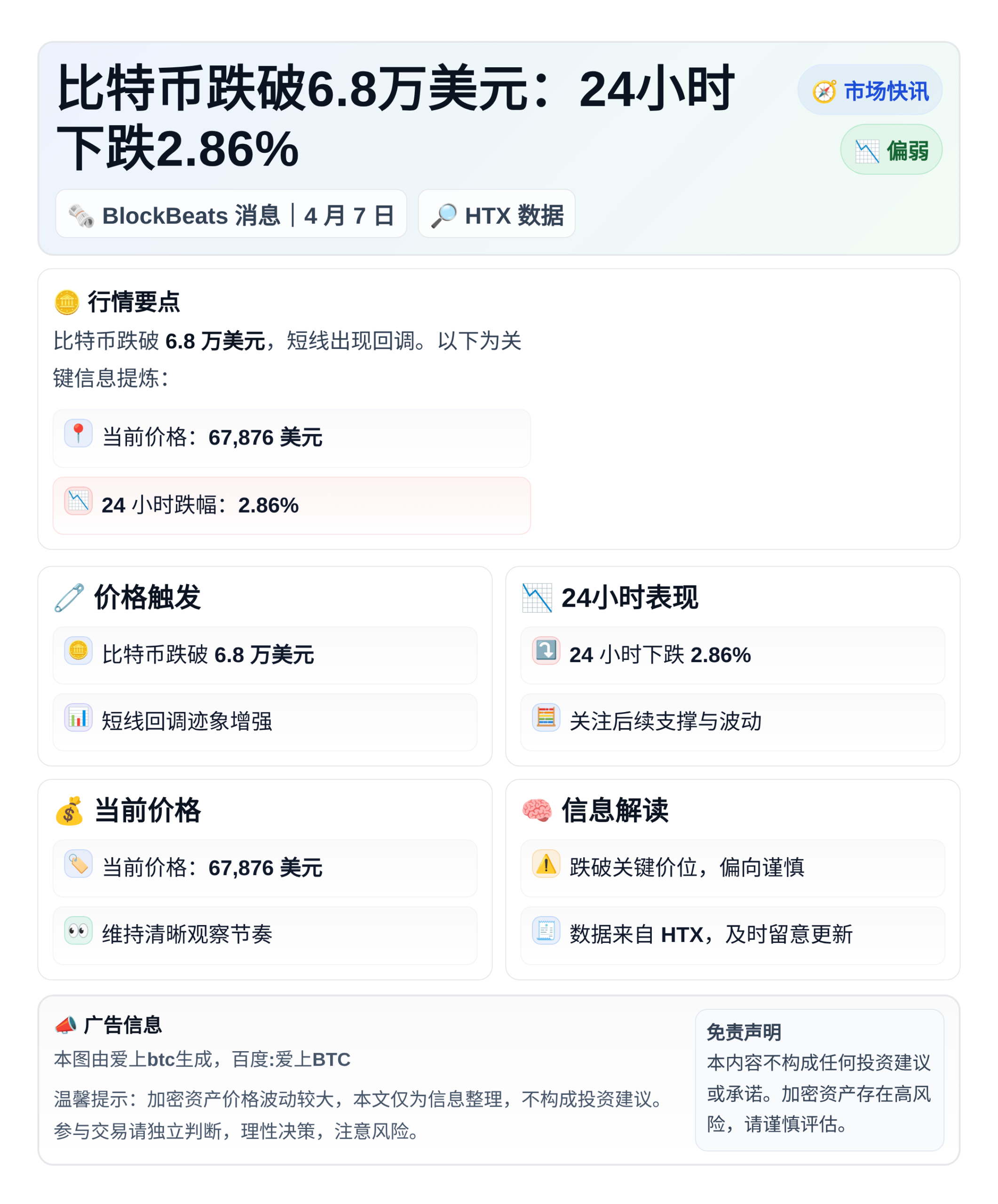 比特币跌破6.8万美元：24小时下跌2.86%