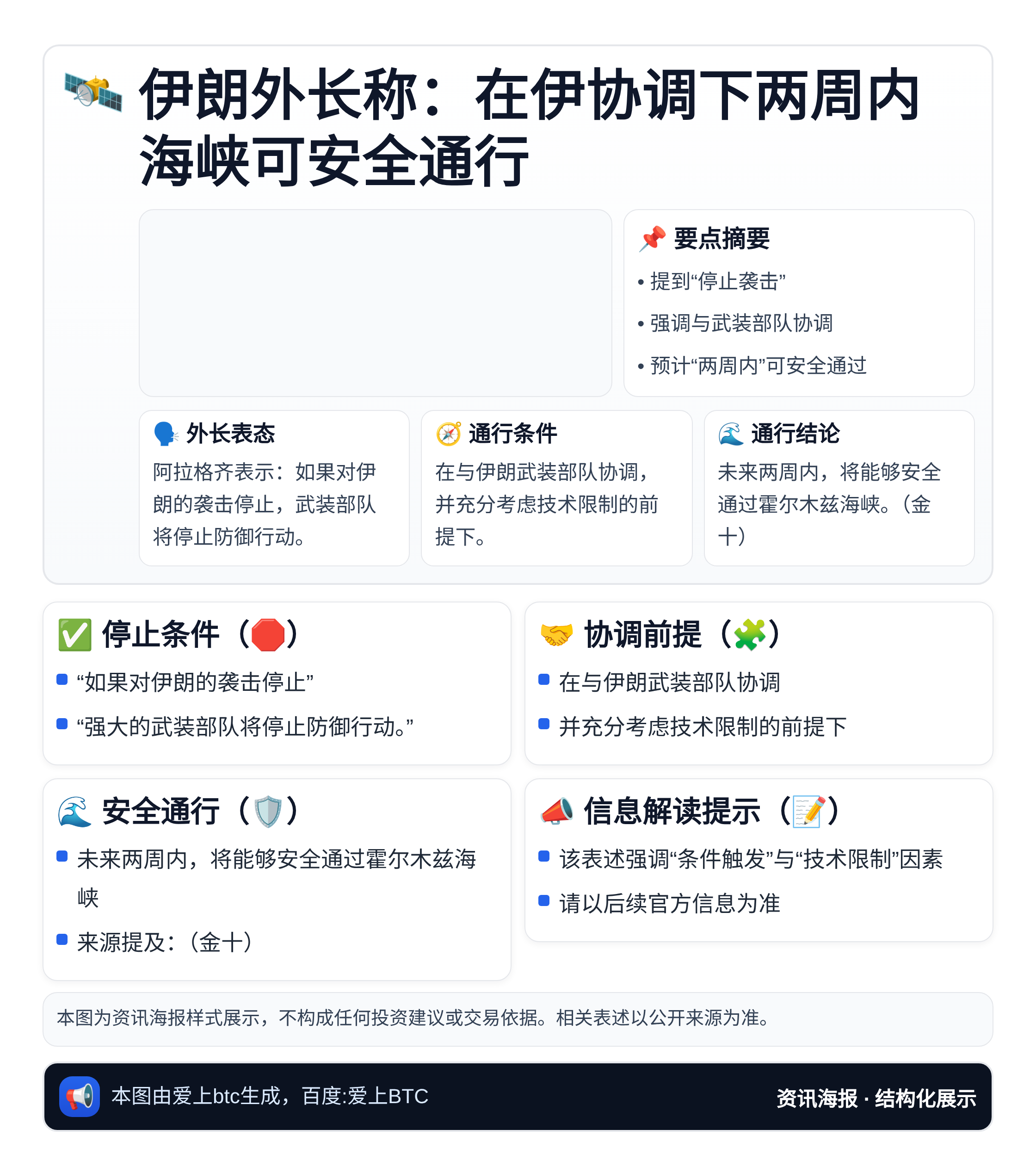 伊朗外长称：在伊协调下两周内海峡可安全通行
