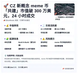 CZ新概念meme币“共建”市值破300万美元，24小时成交