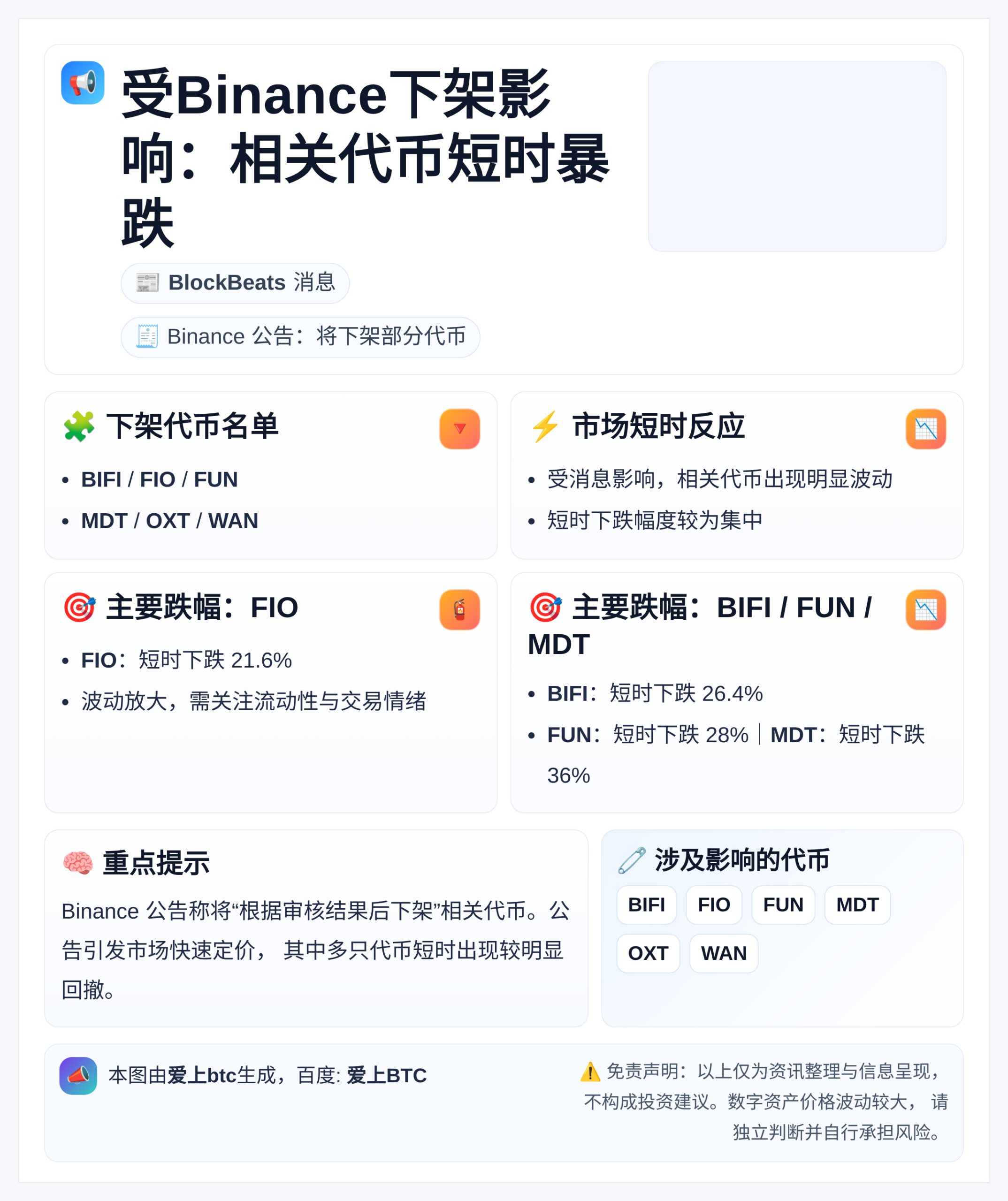 受Binance下架影响：相关代币短时暴跌