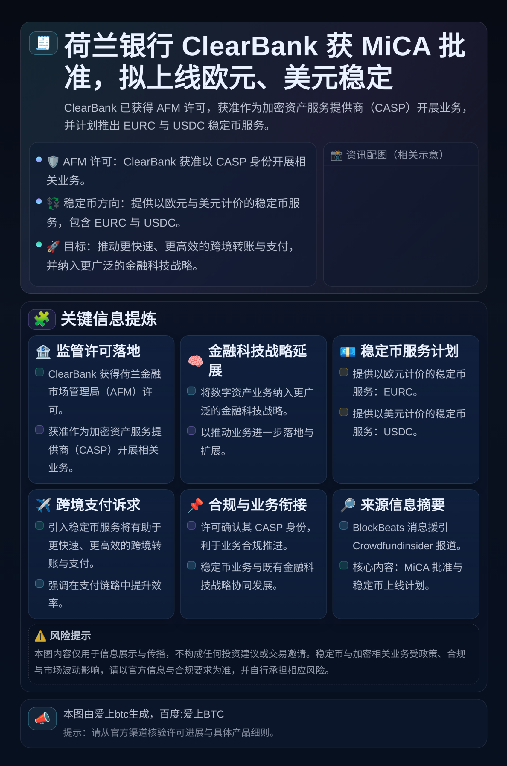 荷兰银行ClearBank获MiCA批准拟上线欧元、美元稳定