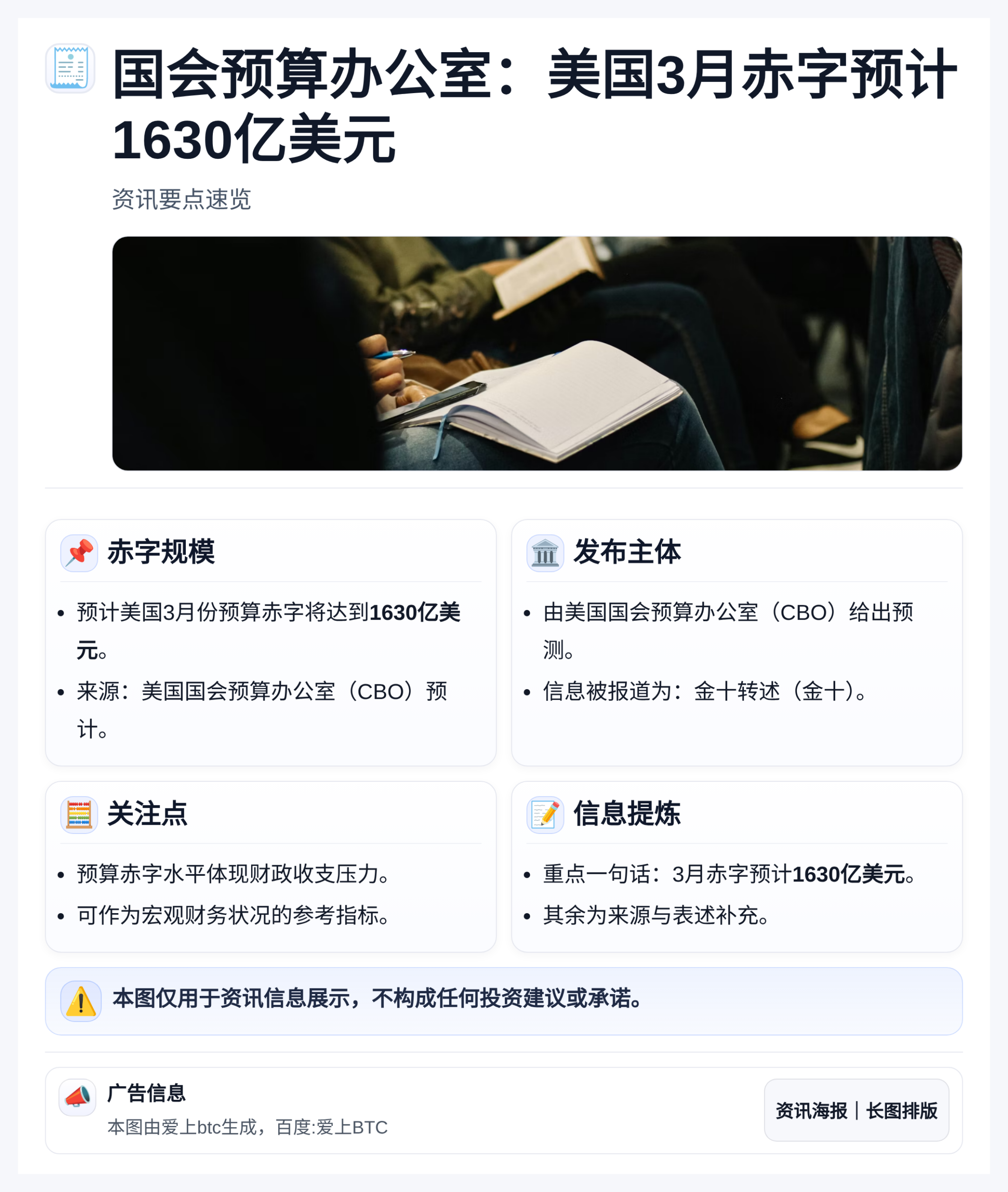 国会预算办公室：美国3月赤字预计1630亿美元