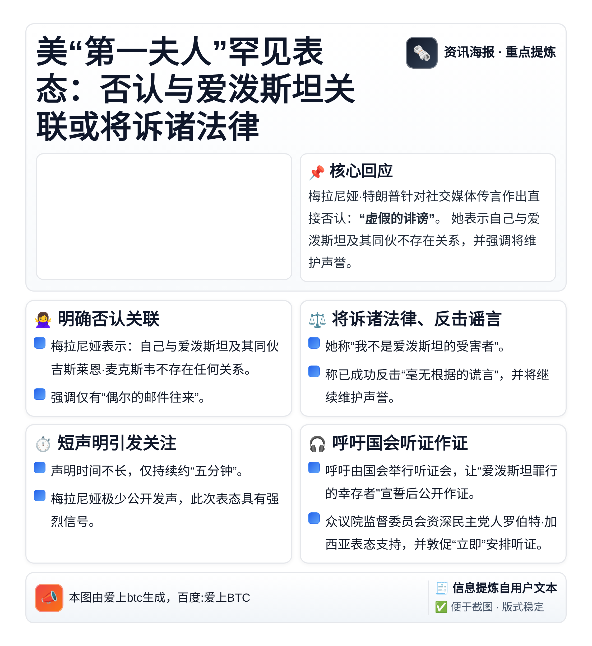 美“第一夫人”罕见表态：否认与爱泼斯坦关联或将诉诸法律
