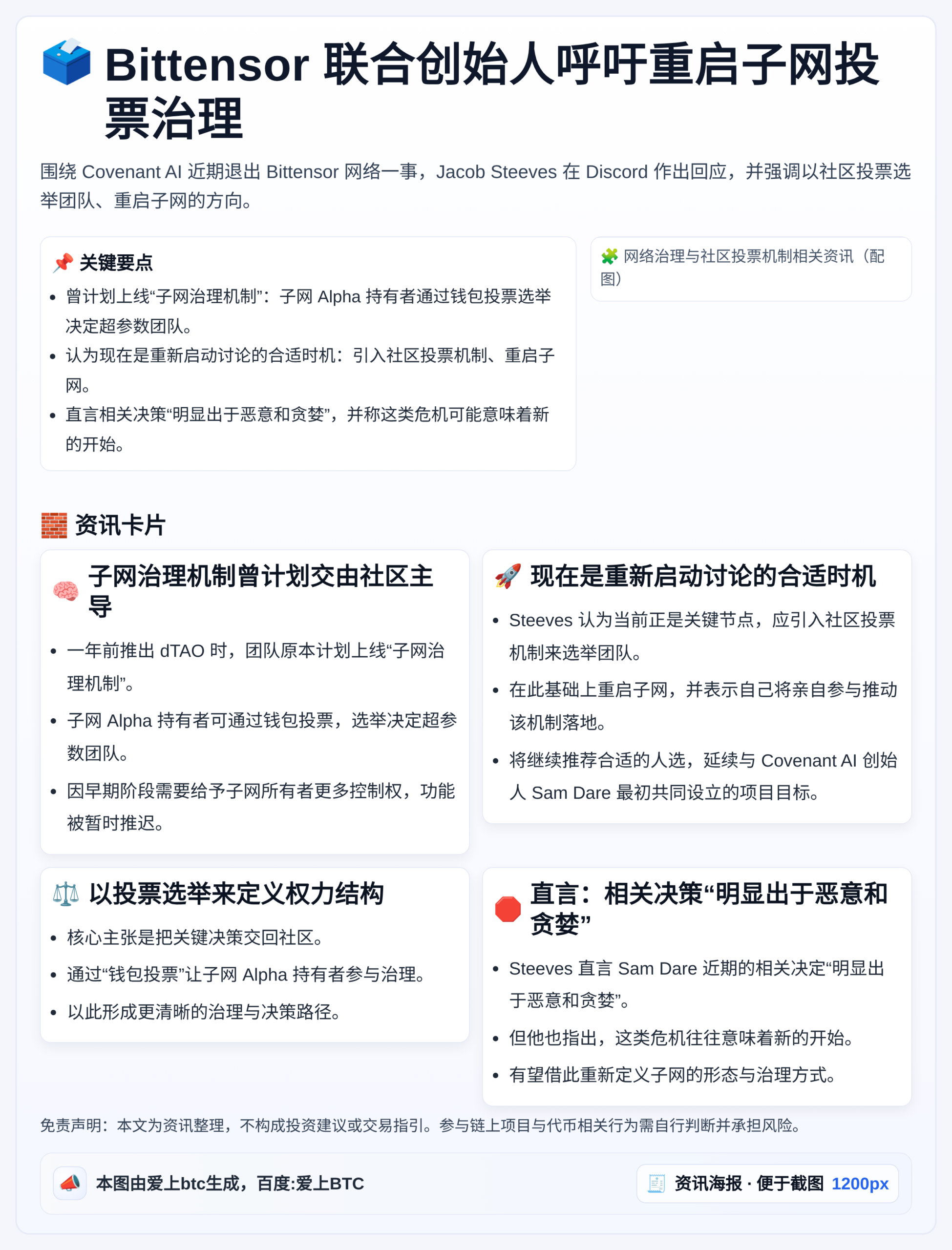 Bittensor联合创始人呼吁重启子网投票治理，批评Cov