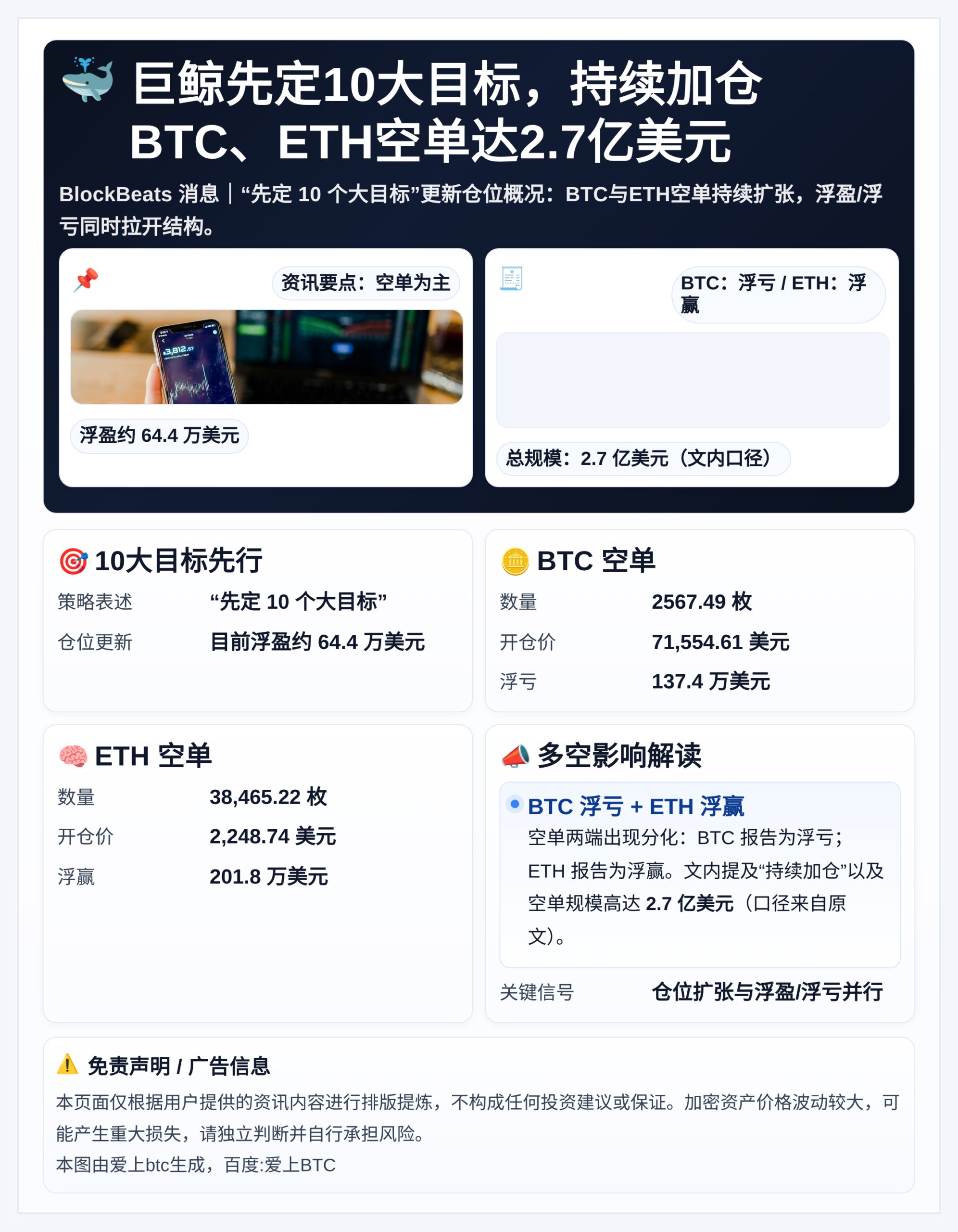 巨鲸先定10大目标，持续加仓BTC、ETH空单达2.7亿美元