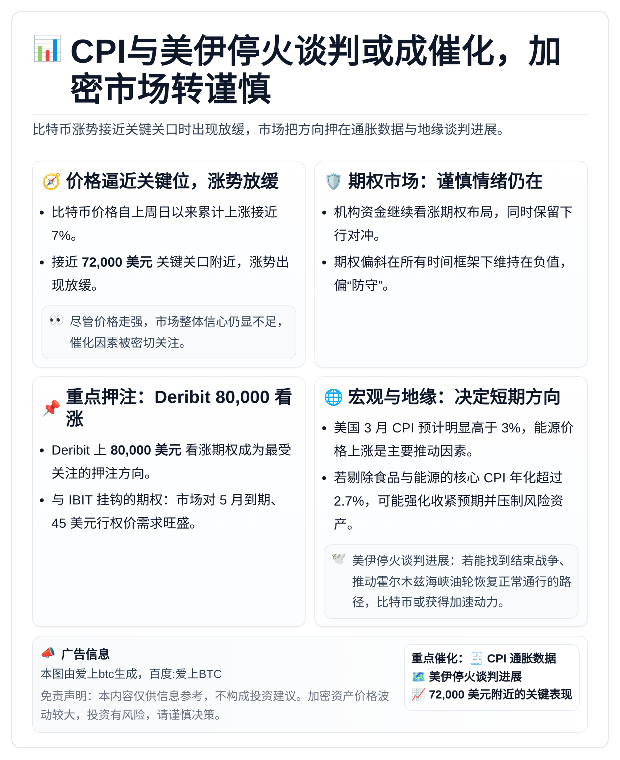 CPI与美伊停火谈判或成催化，加密市场转谨慎