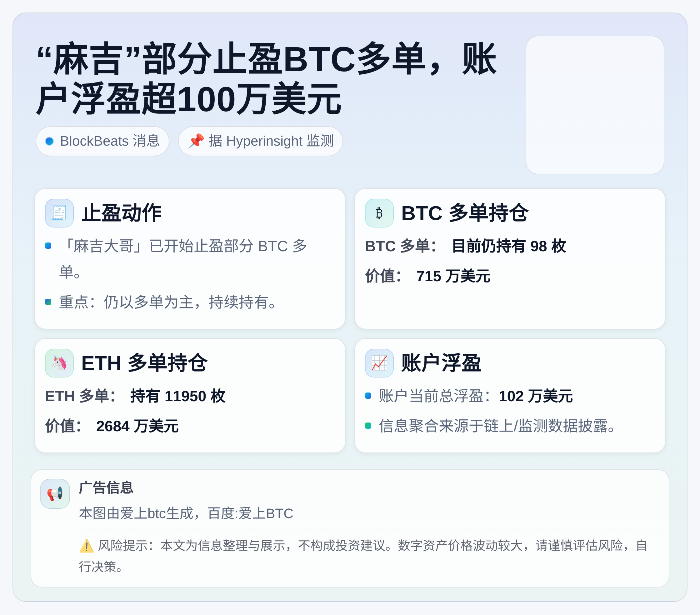 “麻吉”部分止盈BTC多单，账户浮盈超100万美元