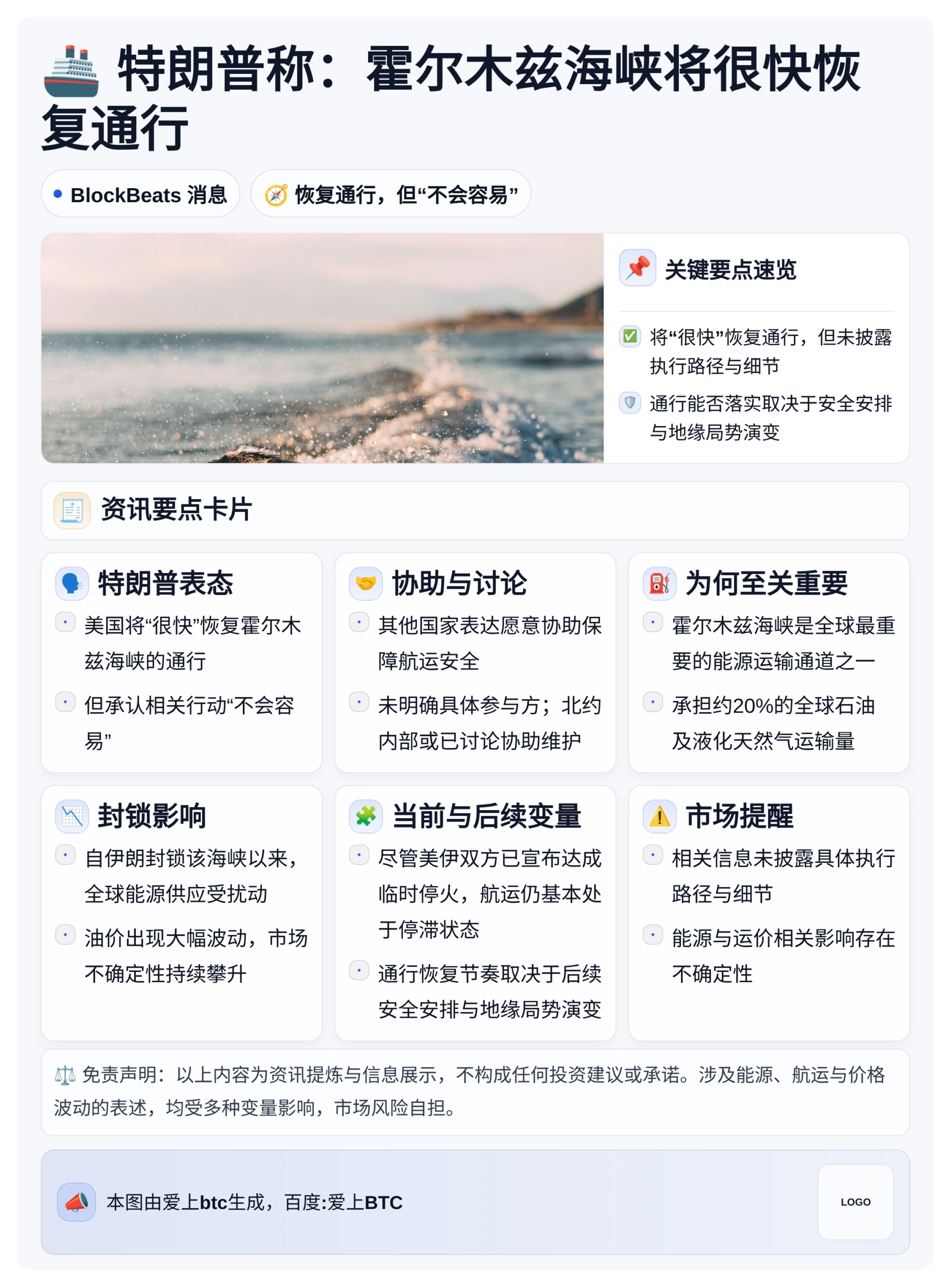 特朗普称：霍尔木兹海峡将很快恢复通行
