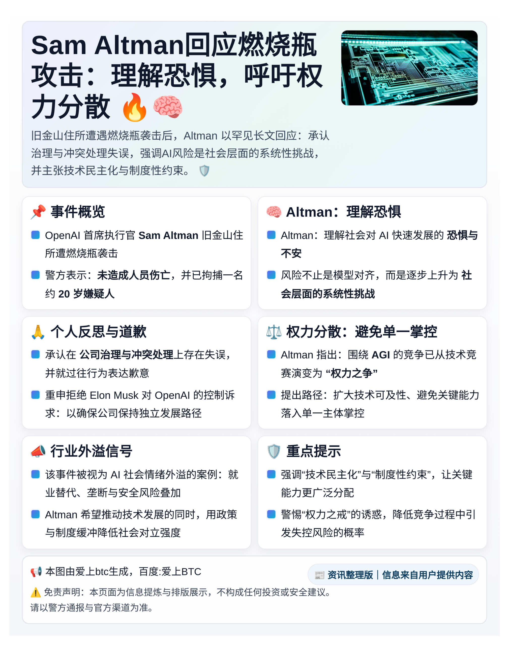 Sam Altman回应燃烧瓶攻击：理解恐惧，呼吁权力分散