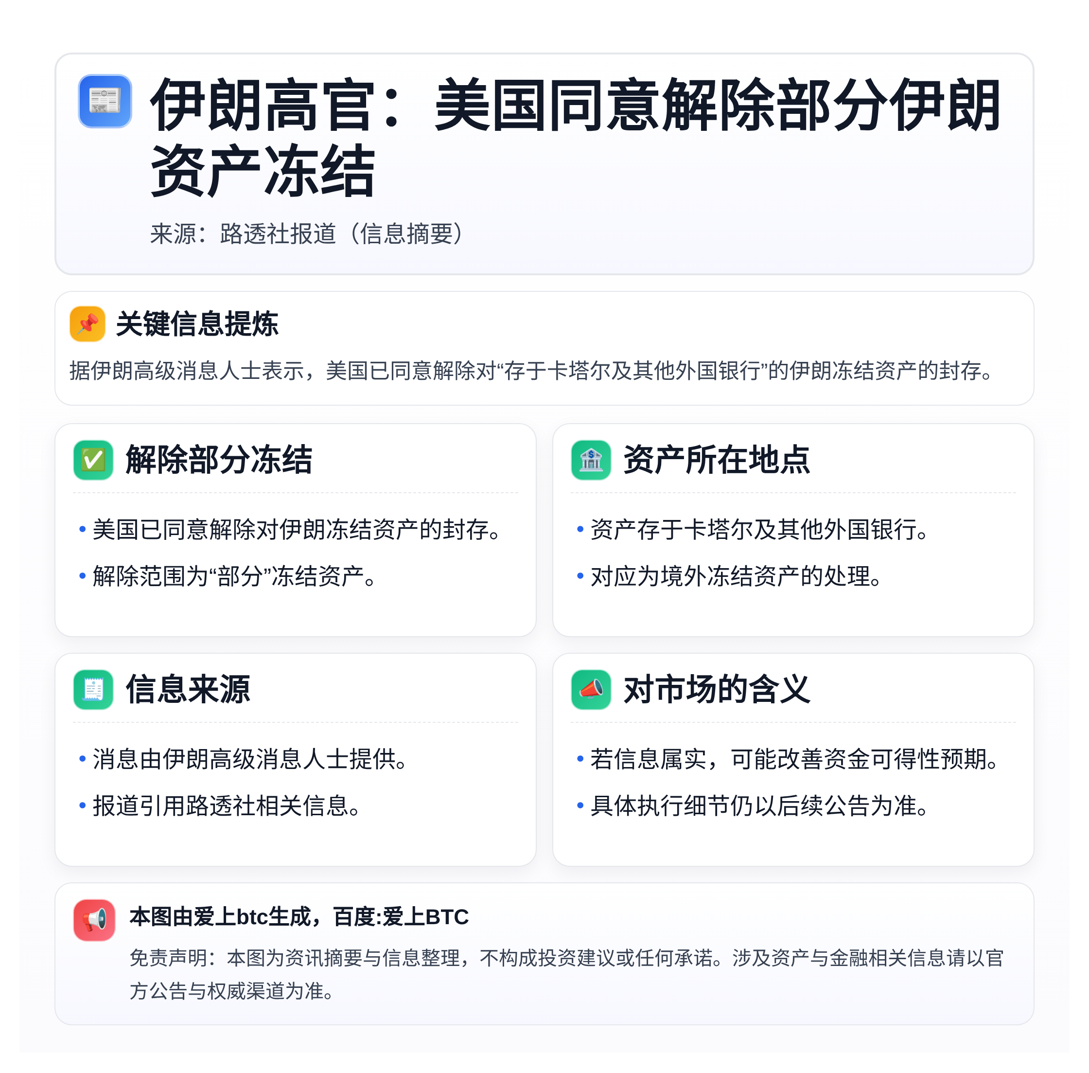 伊朗高官：美国同意解除部分伊朗资产冻结