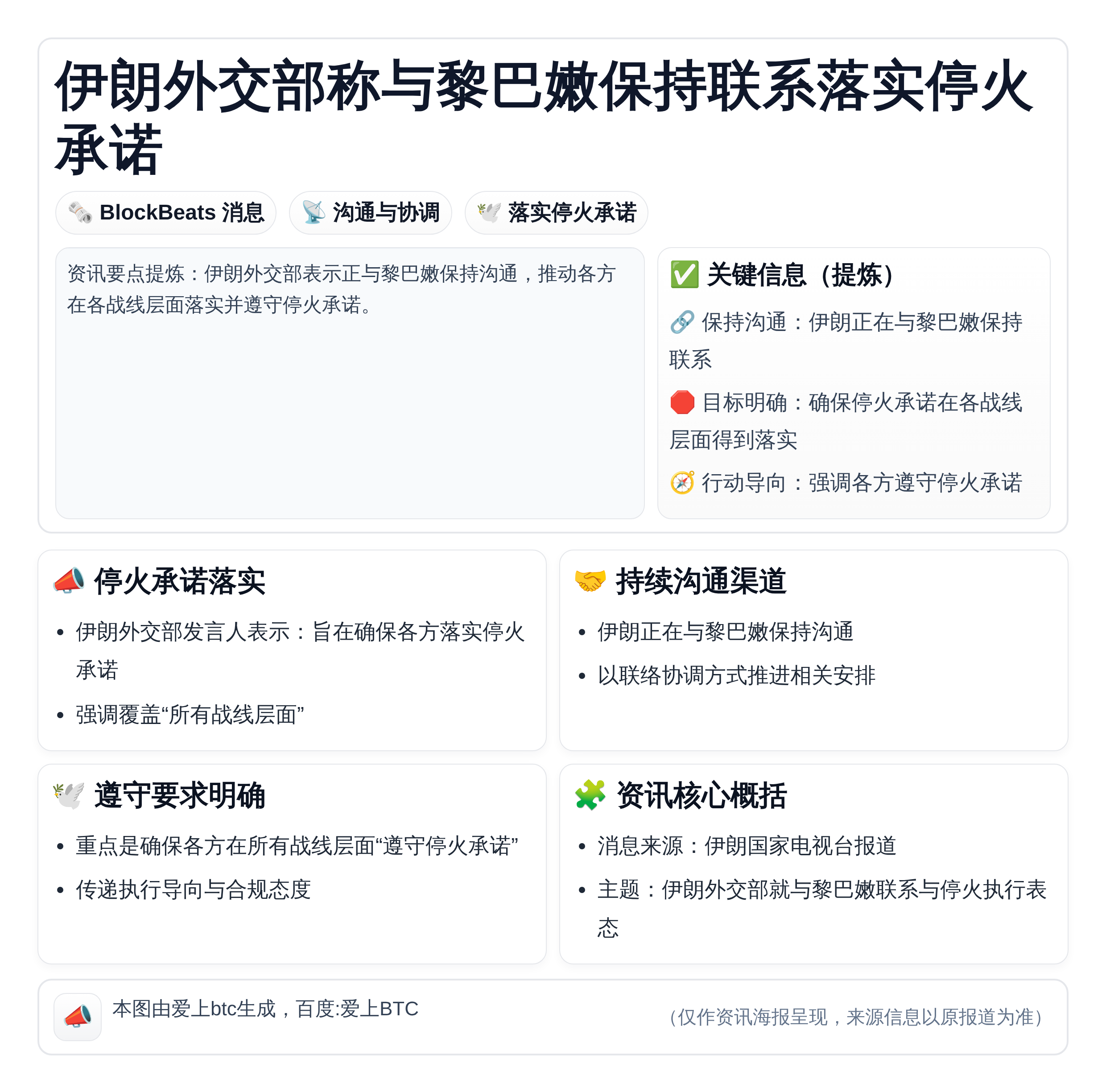 伊朗外交部称与黎巴嫩保持联系落实停火承诺