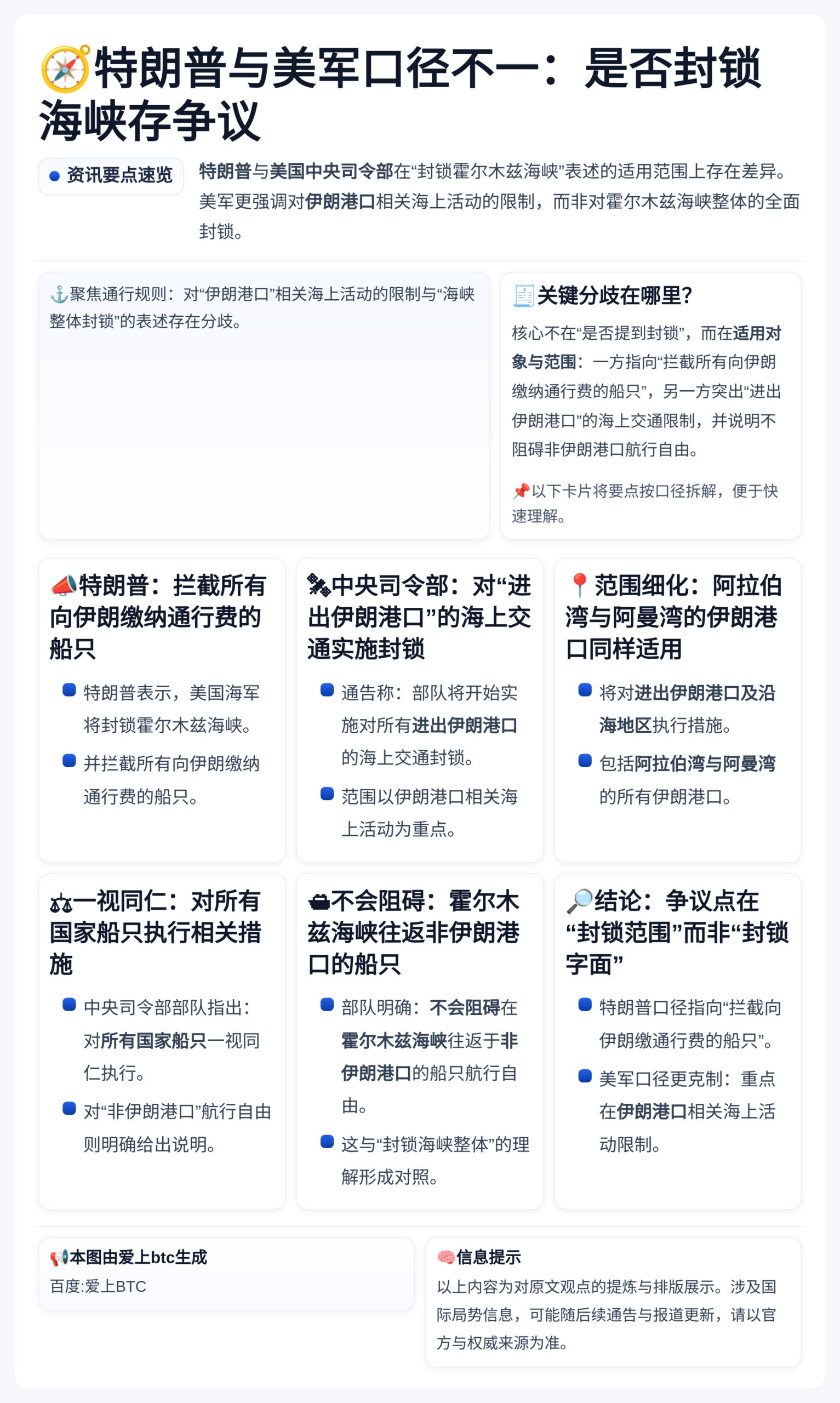 特朗普与美军口径不一：是否封锁海峡存争议