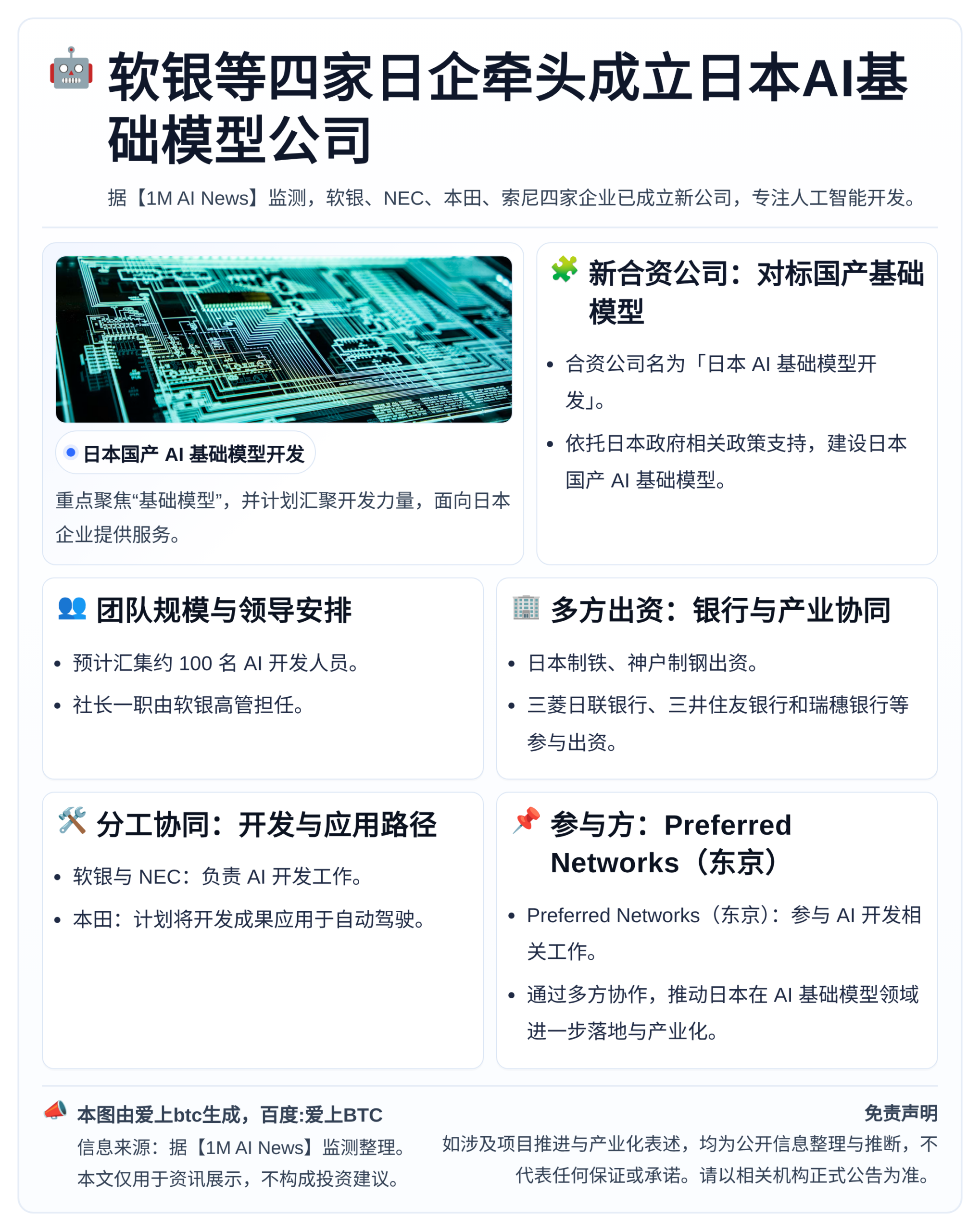 软银等四家日企牵头成立日本AI基础模型公司