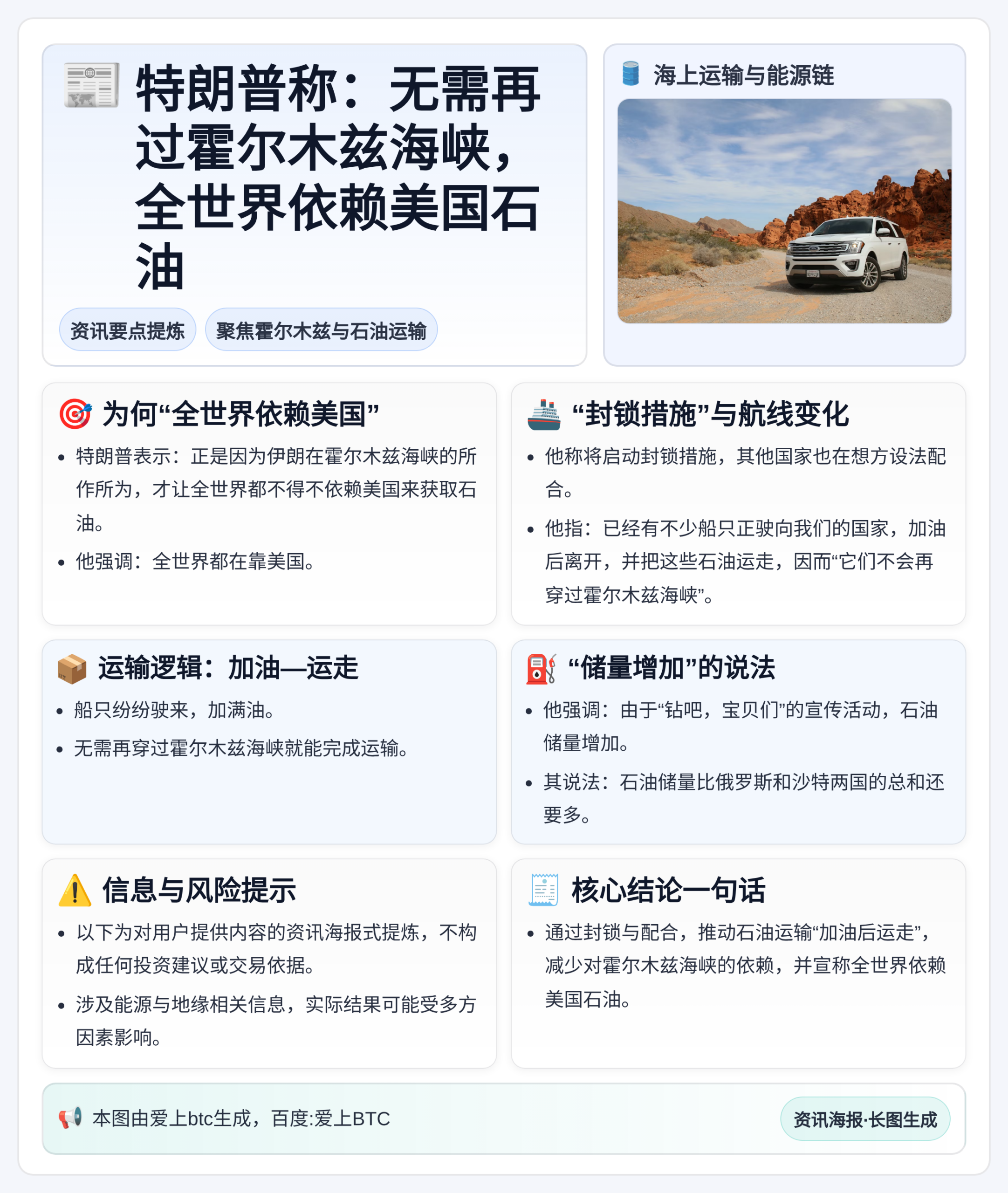 特朗普称：无需再过霍尔木兹海峡，全世界依赖美国石油
