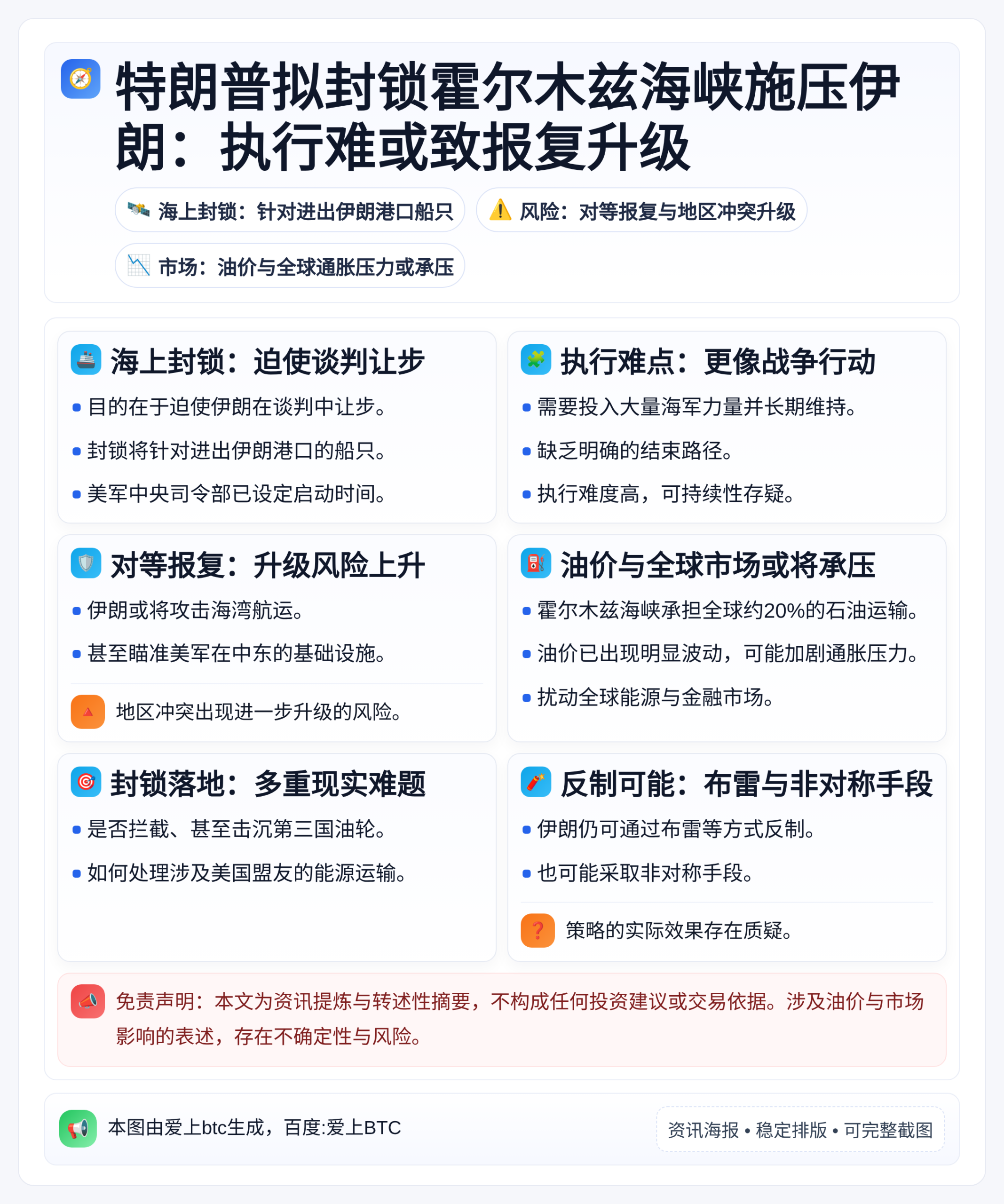 特朗普拟封锁霍尔木兹海峡施压伊朗：执行难或致报复升级
