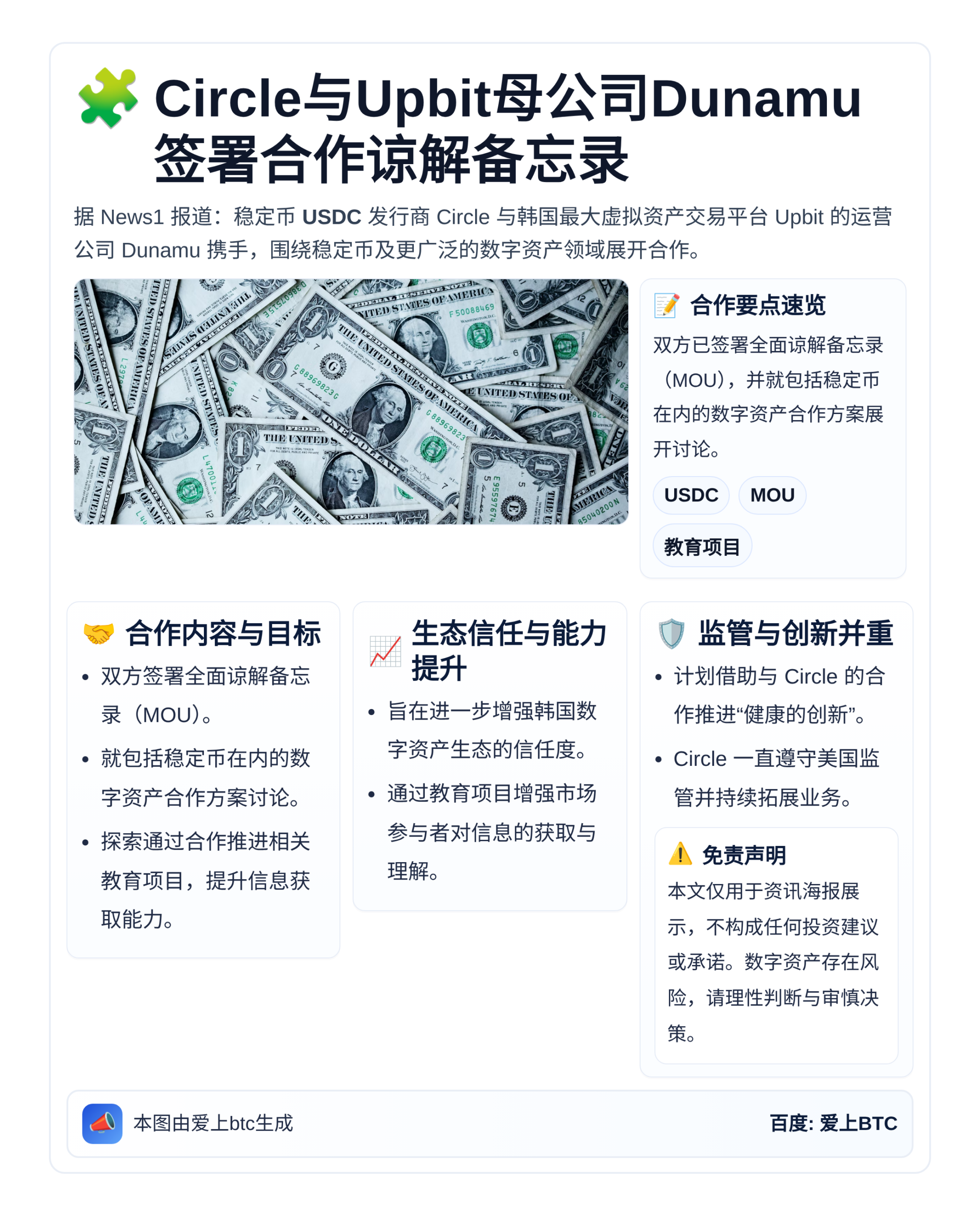 Circle与Upbit母公司Dunamu签署合作谅解备忘录