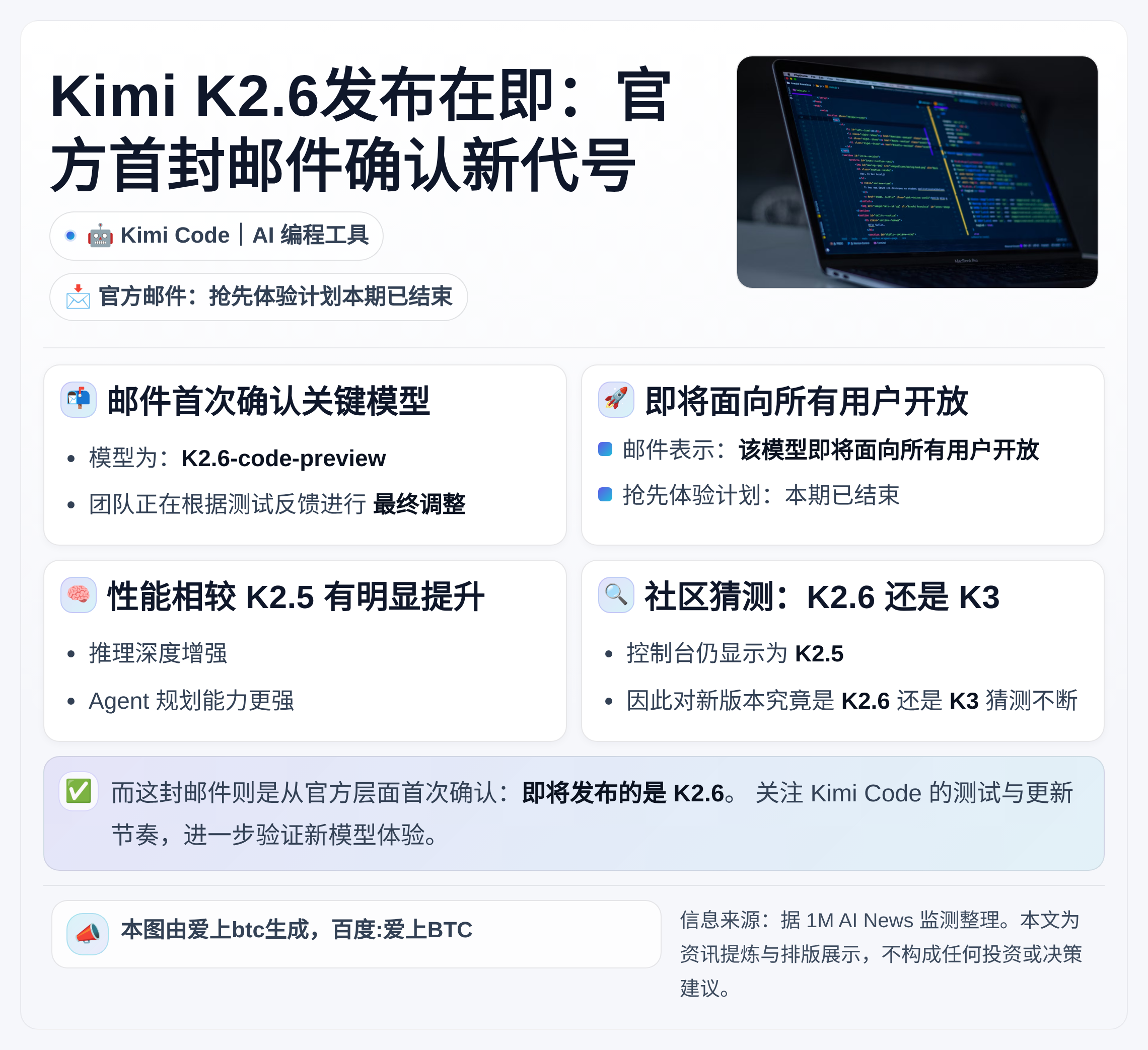 Kimi K2.6发布在即：官方首封邮件确认新代号