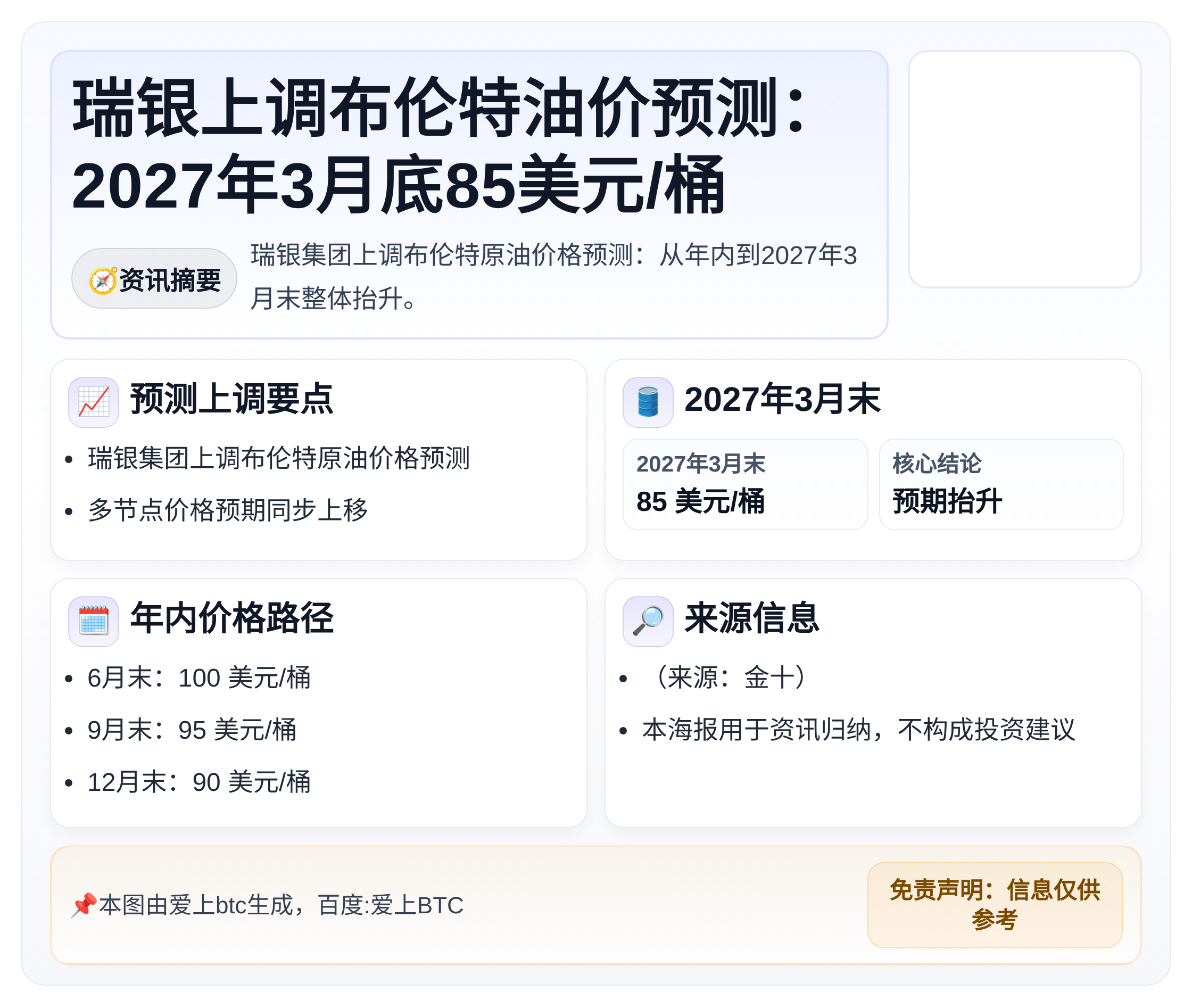 瑞银上调布伦特油价预测：2027年3月底85美元/桶
