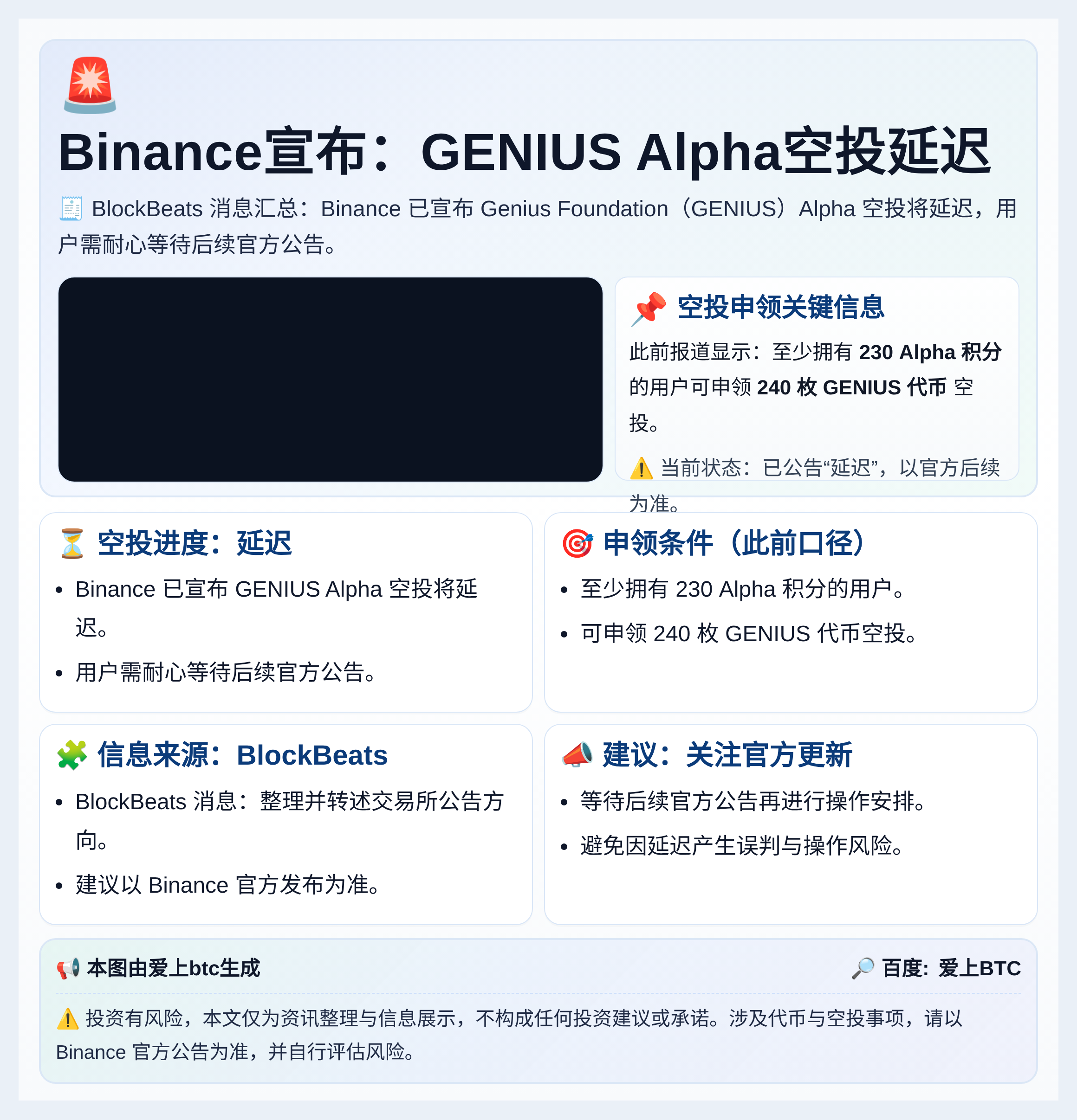 Binance宣布：GENIUS Alpha空投延迟