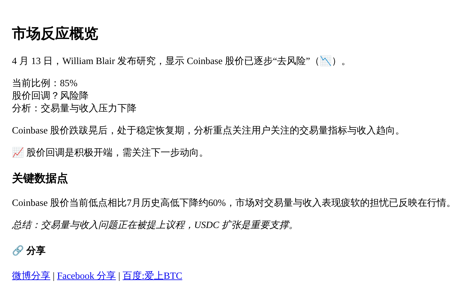 William Blair：Coinbase股价回调后风险降