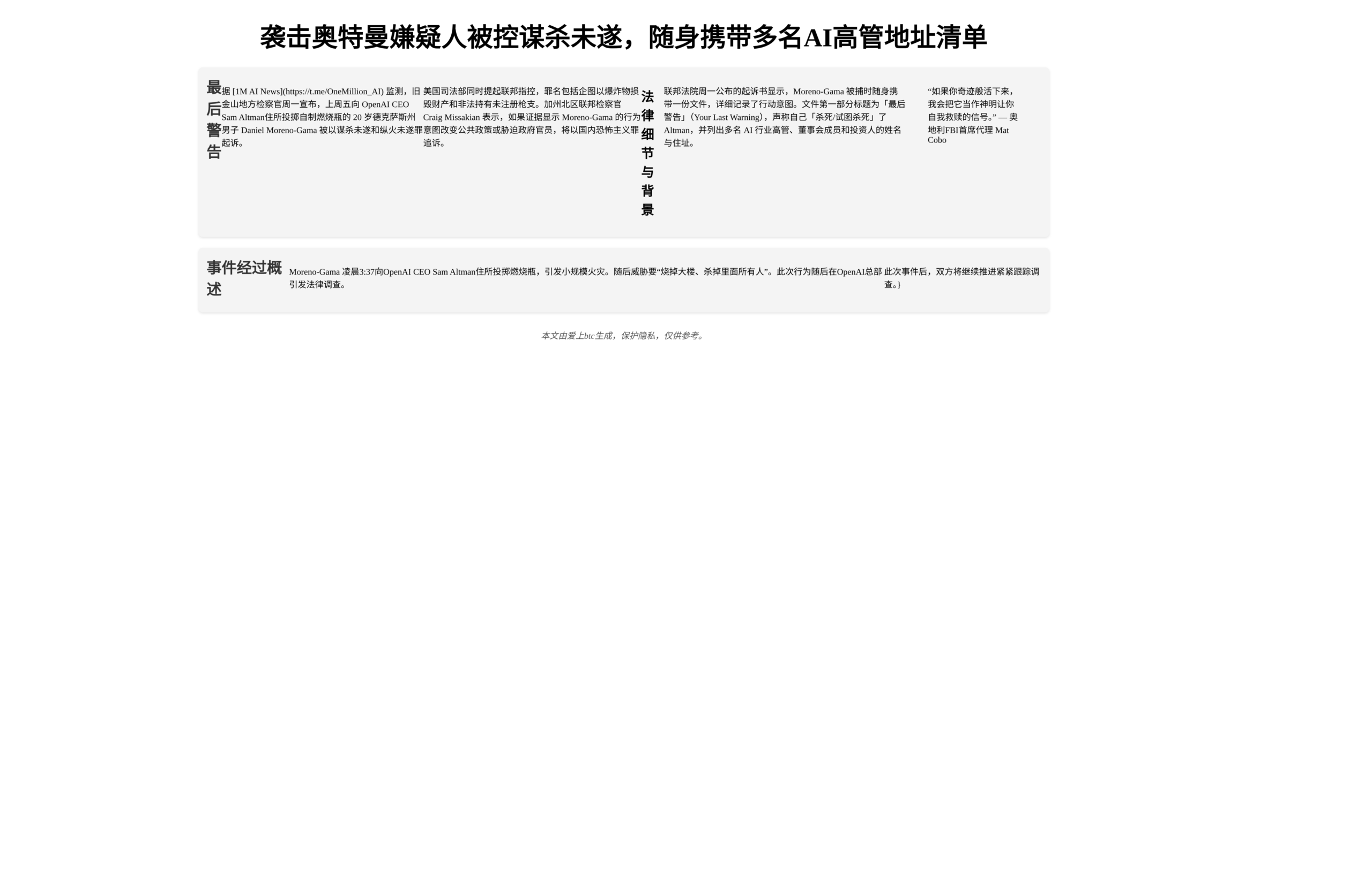 袭击奥特曼嫌疑人被控谋杀未遂，随身携带多名AI高管地址清单