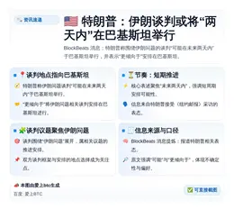 特朗普称：伊朗谈判或将两天内在巴基斯坦举行