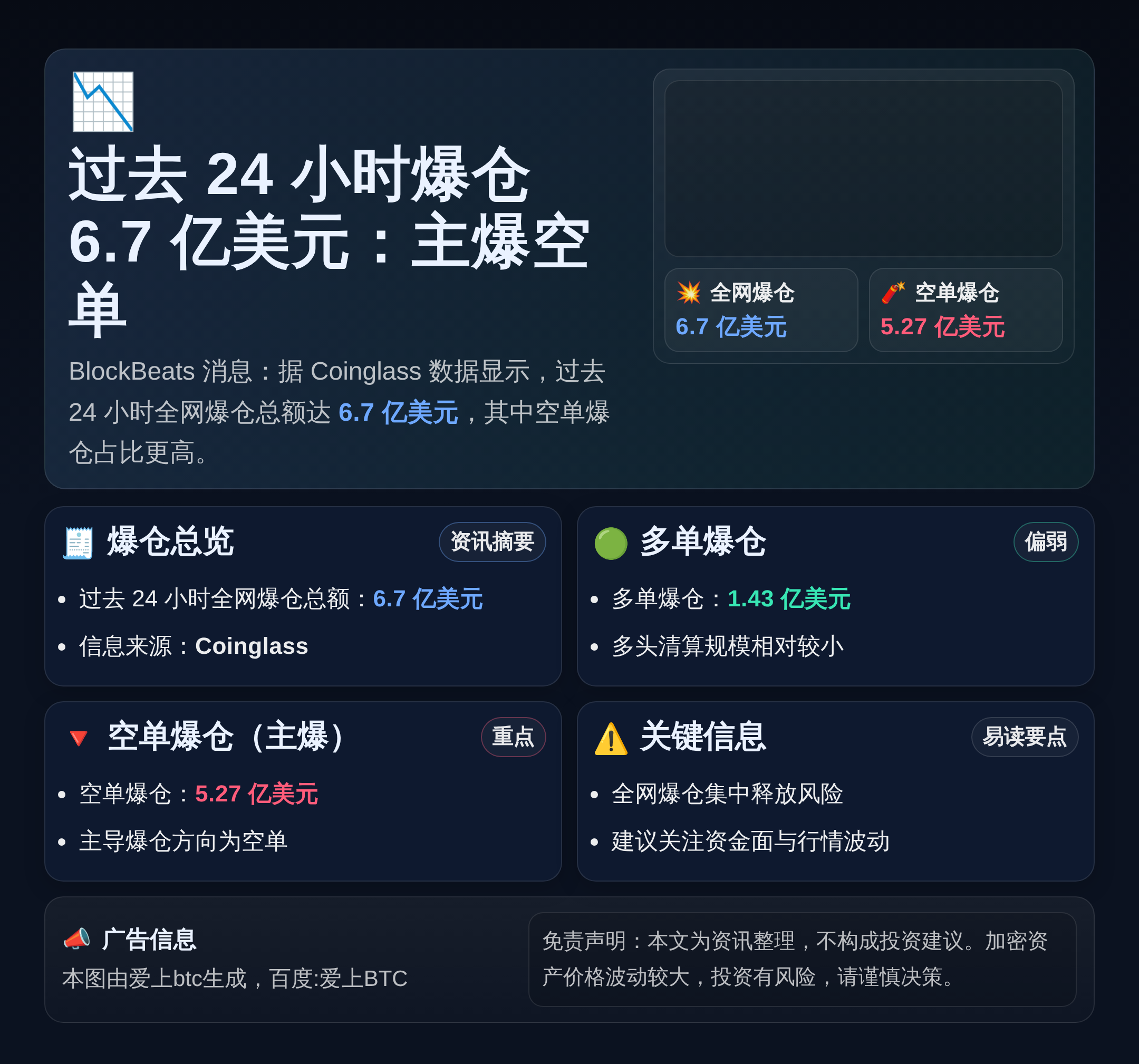 过去24小时爆仓6.7亿美元：主爆空单