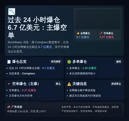 过去24小时爆仓6.7亿美元：主爆空单