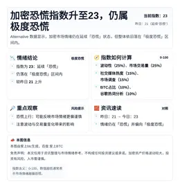 加密恐慌指数升至23，仍属极度恐慌