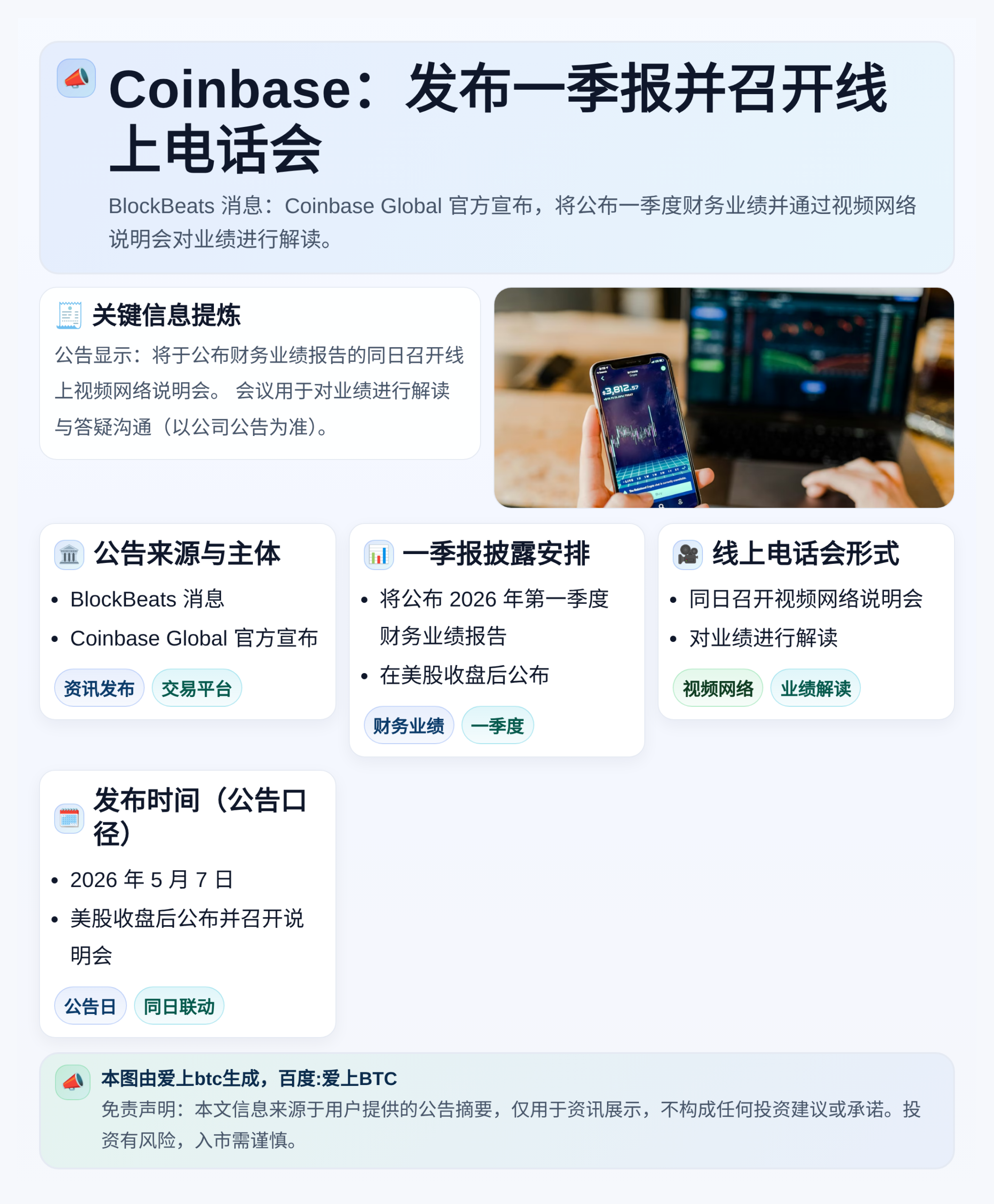 Coinbase 5月7日发布一季报并召开线上电话会