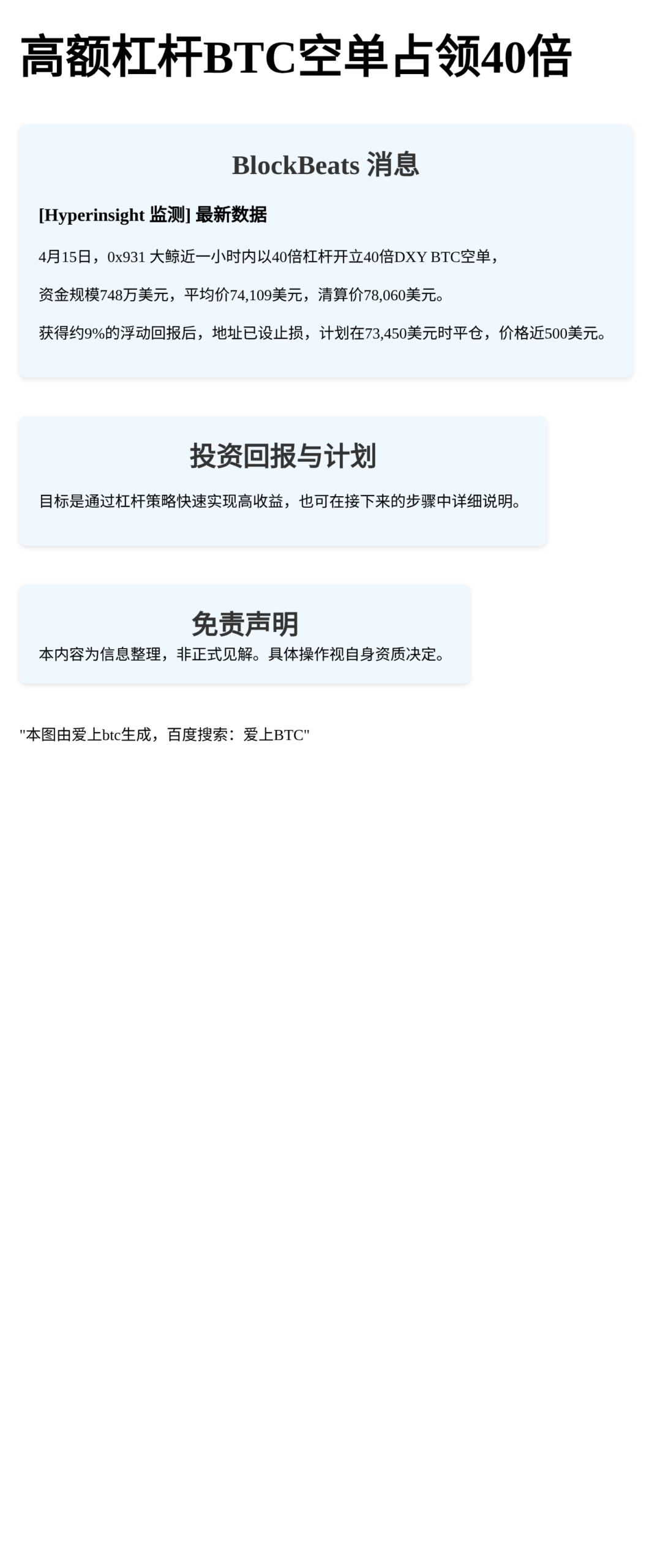 高额杠杆BTC空单占领40倍，73650美元下挂床