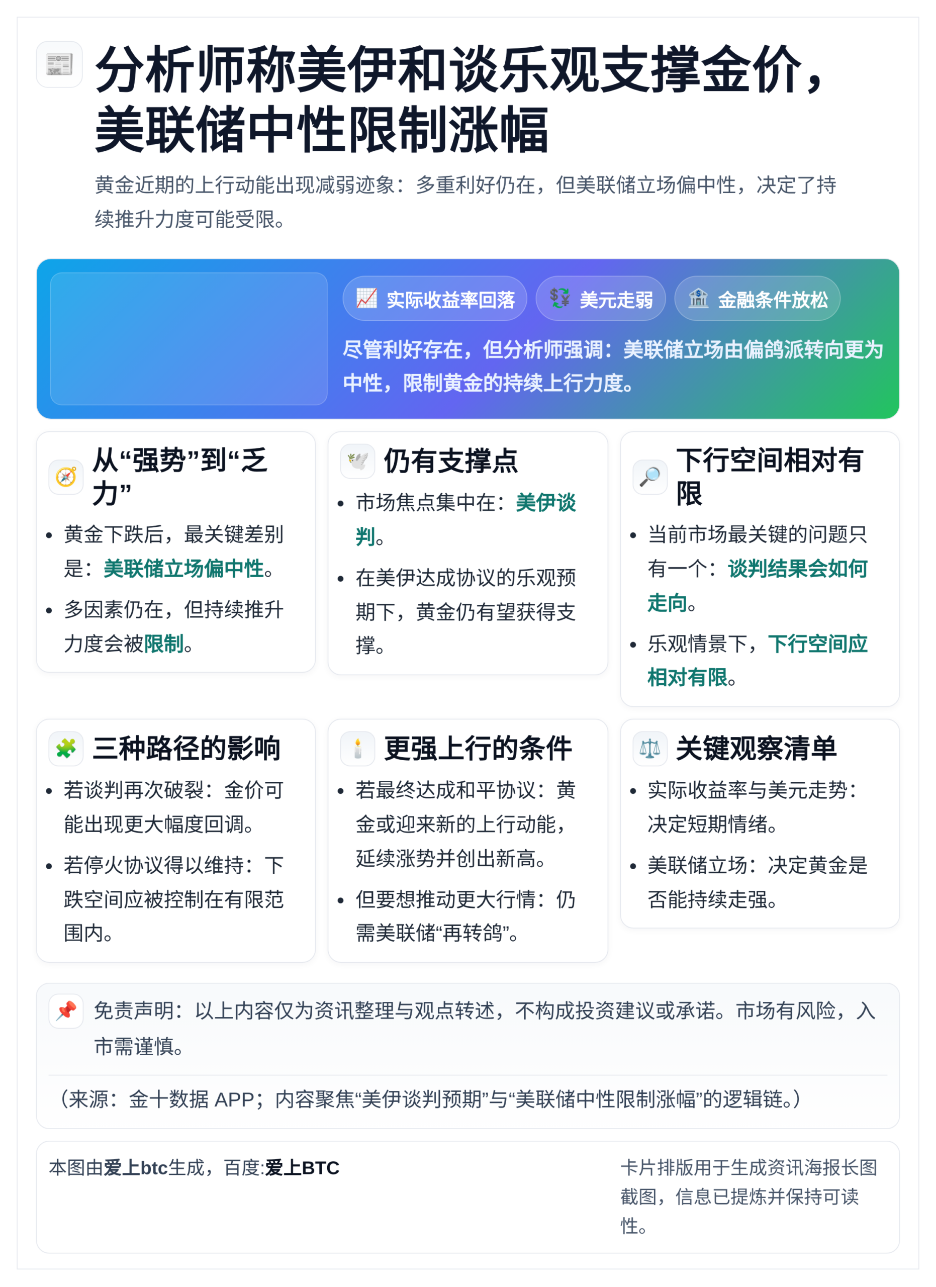 分析师称美伊和谈乐观支撑金价，美联储中性限制涨幅