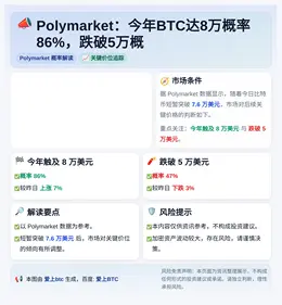 Polymarket：今年BTC达8万概率86%，跌破5万概