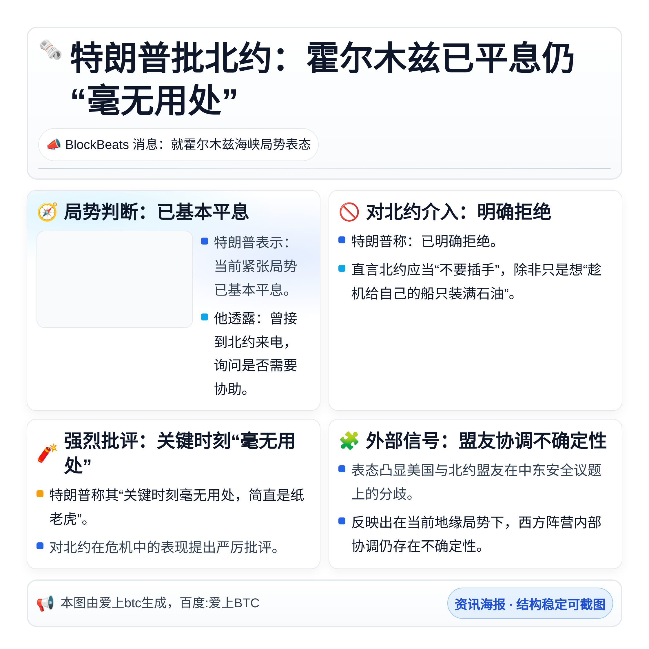 特朗普批北约：霍尔木兹已平息仍“毫无用处”