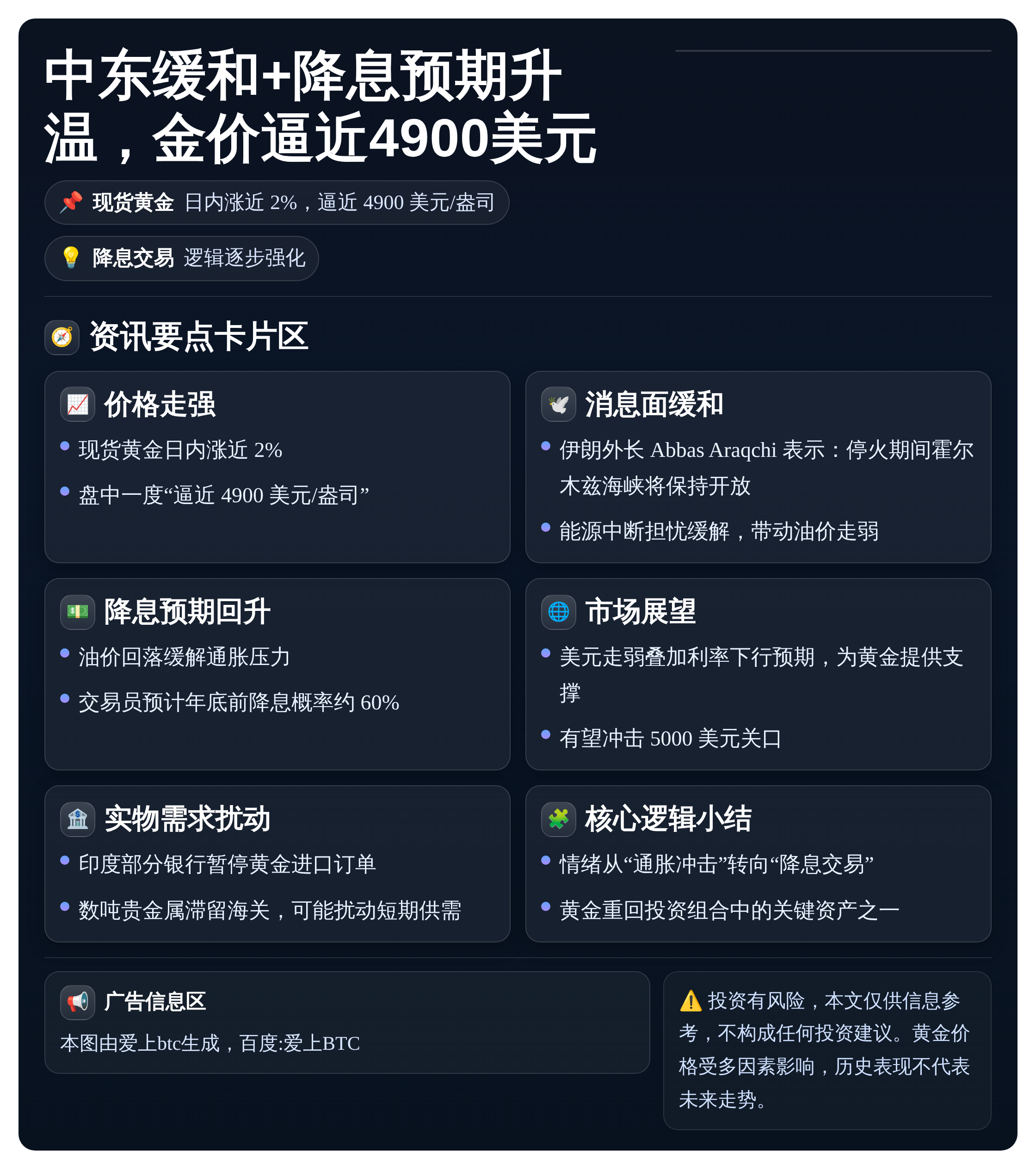 中东缓和+降息预期升温，金价逼近4900美元