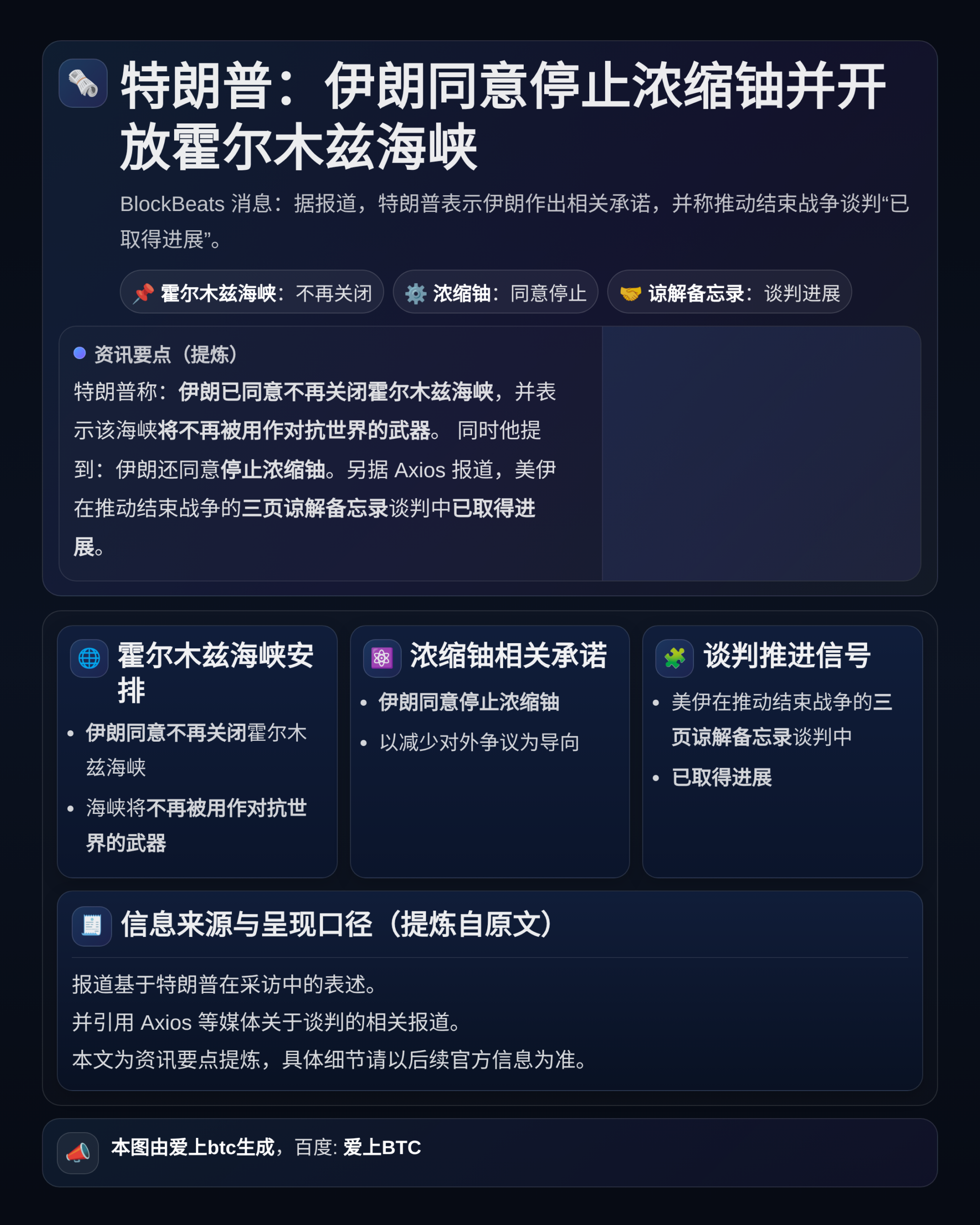 特朗普：伊朗同意停止浓缩铀并开放霍尔木兹海峡