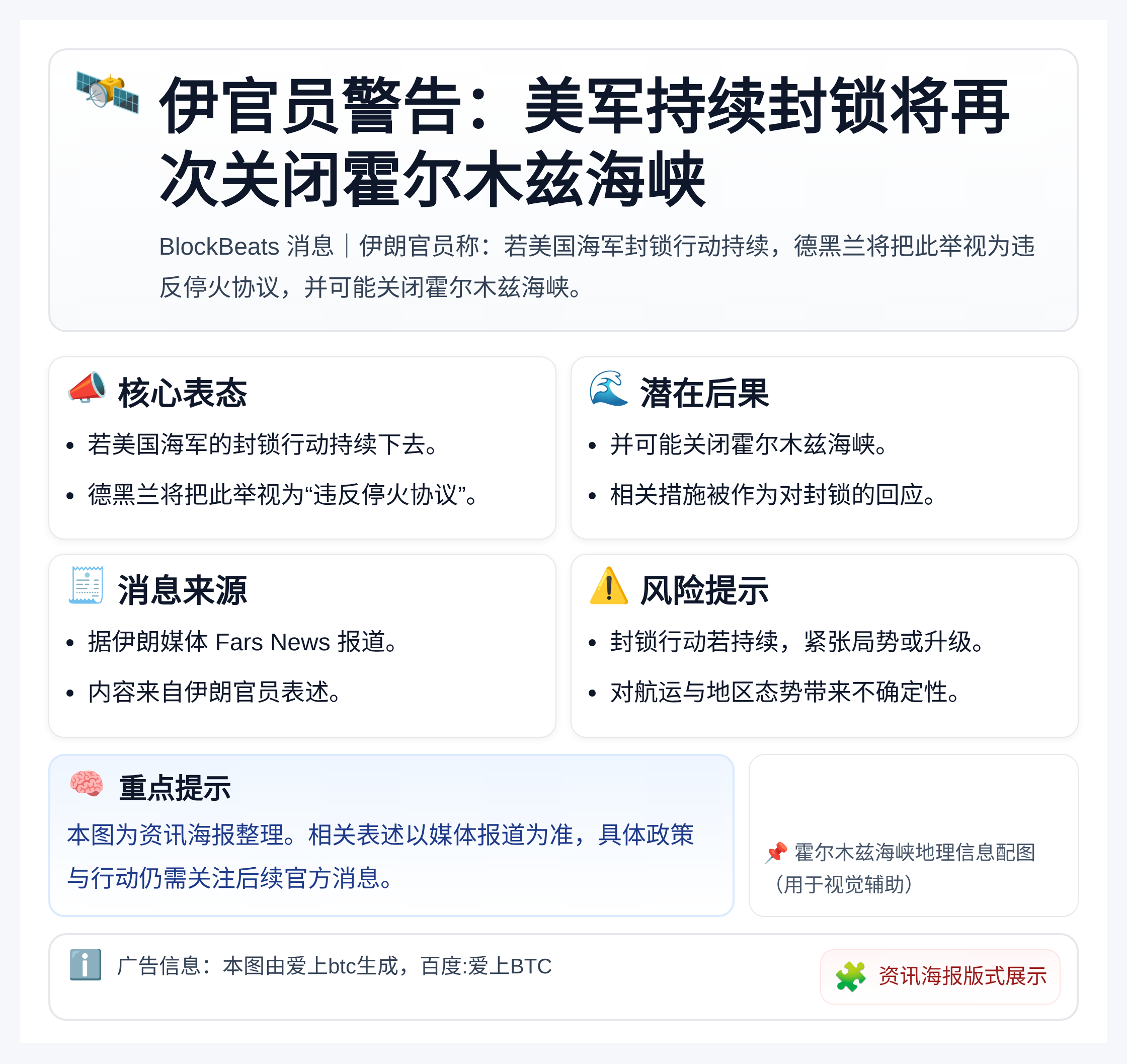 伊官员警告：美军持续封锁将再次关闭霍尔木兹海峡