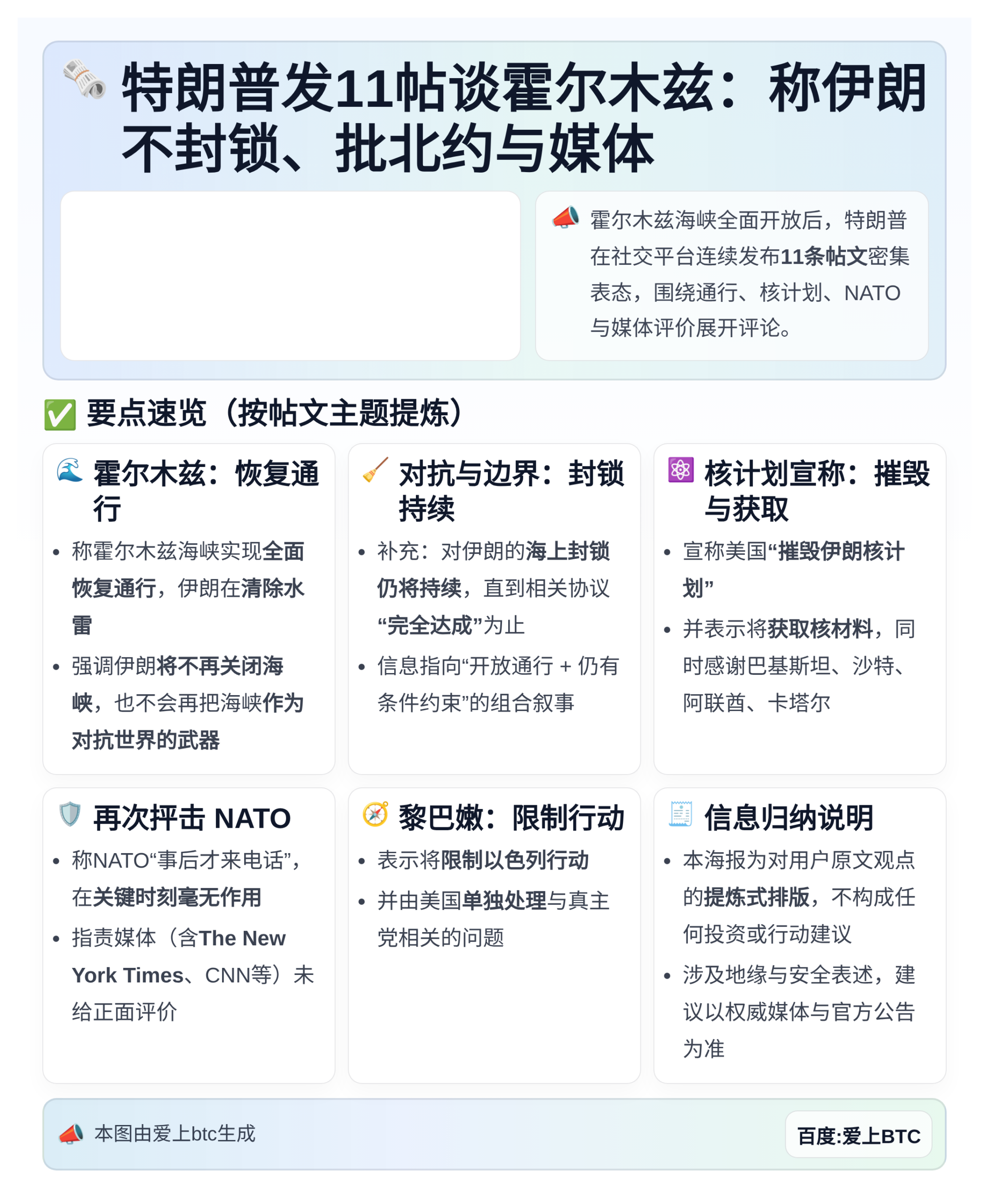 特朗普发11帖谈霍尔木兹：称伊朗不封锁、批北约与媒体