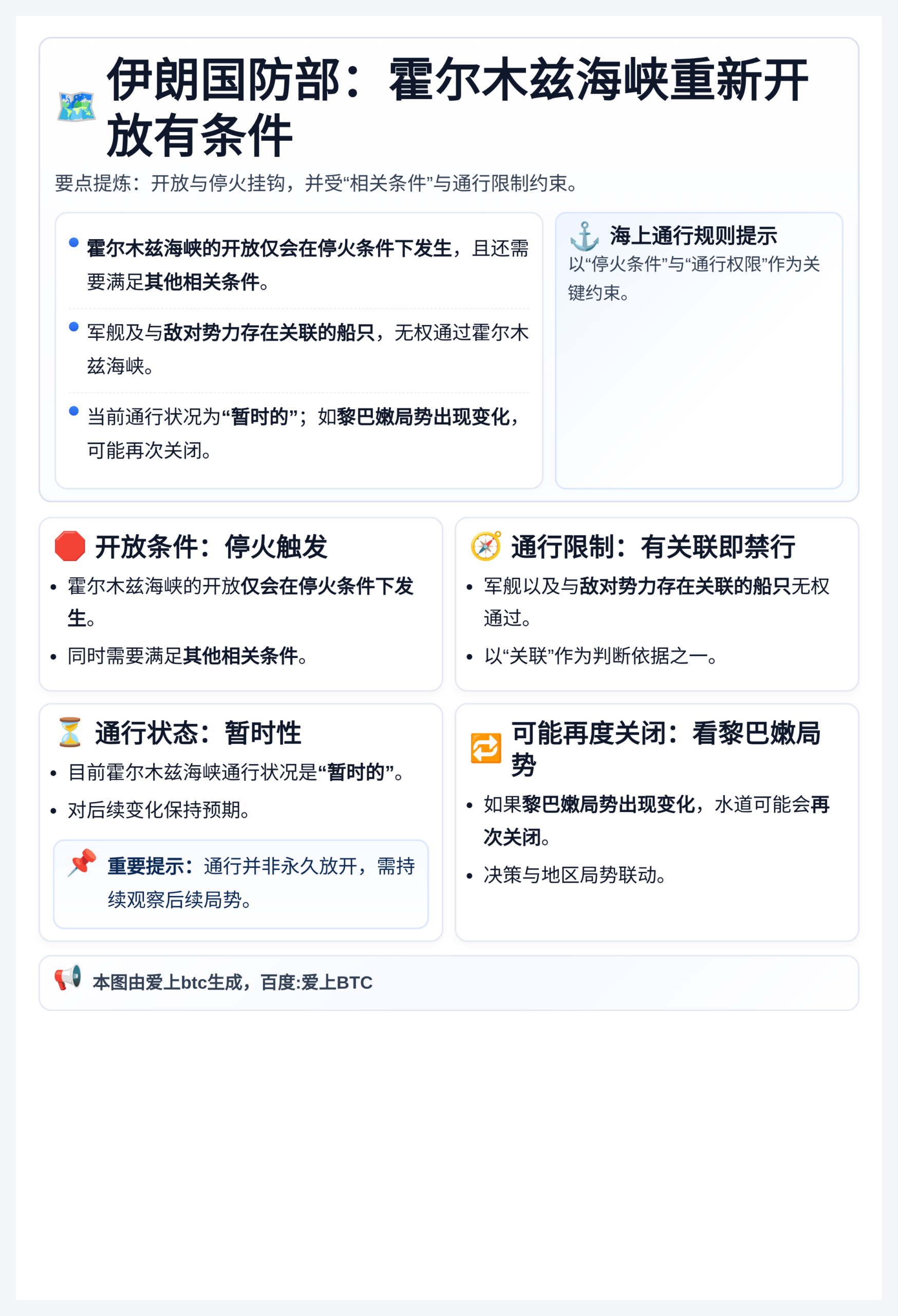 伊朗国防部：霍尔木兹海峡重新开放有条件