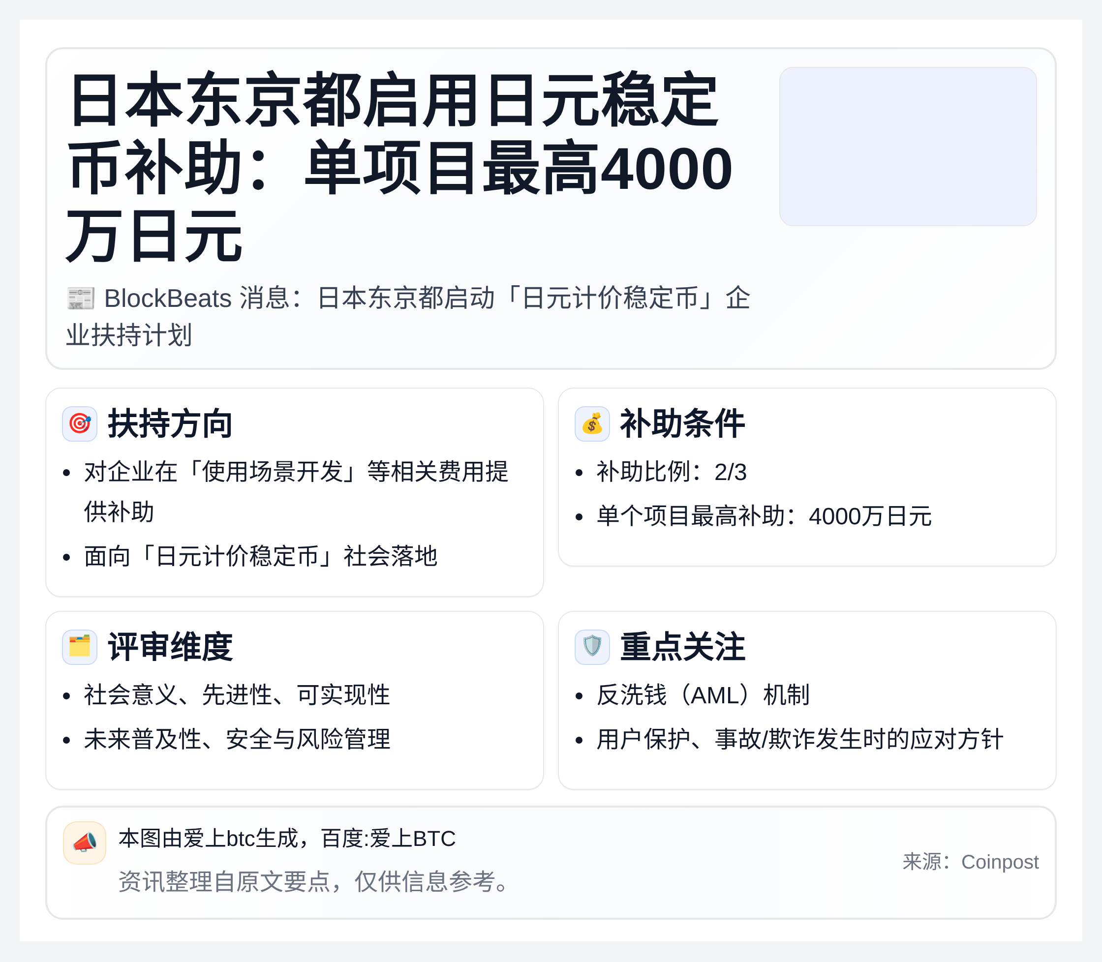 日本东京都启用日元稳定币补助：单项目最高4000万日元