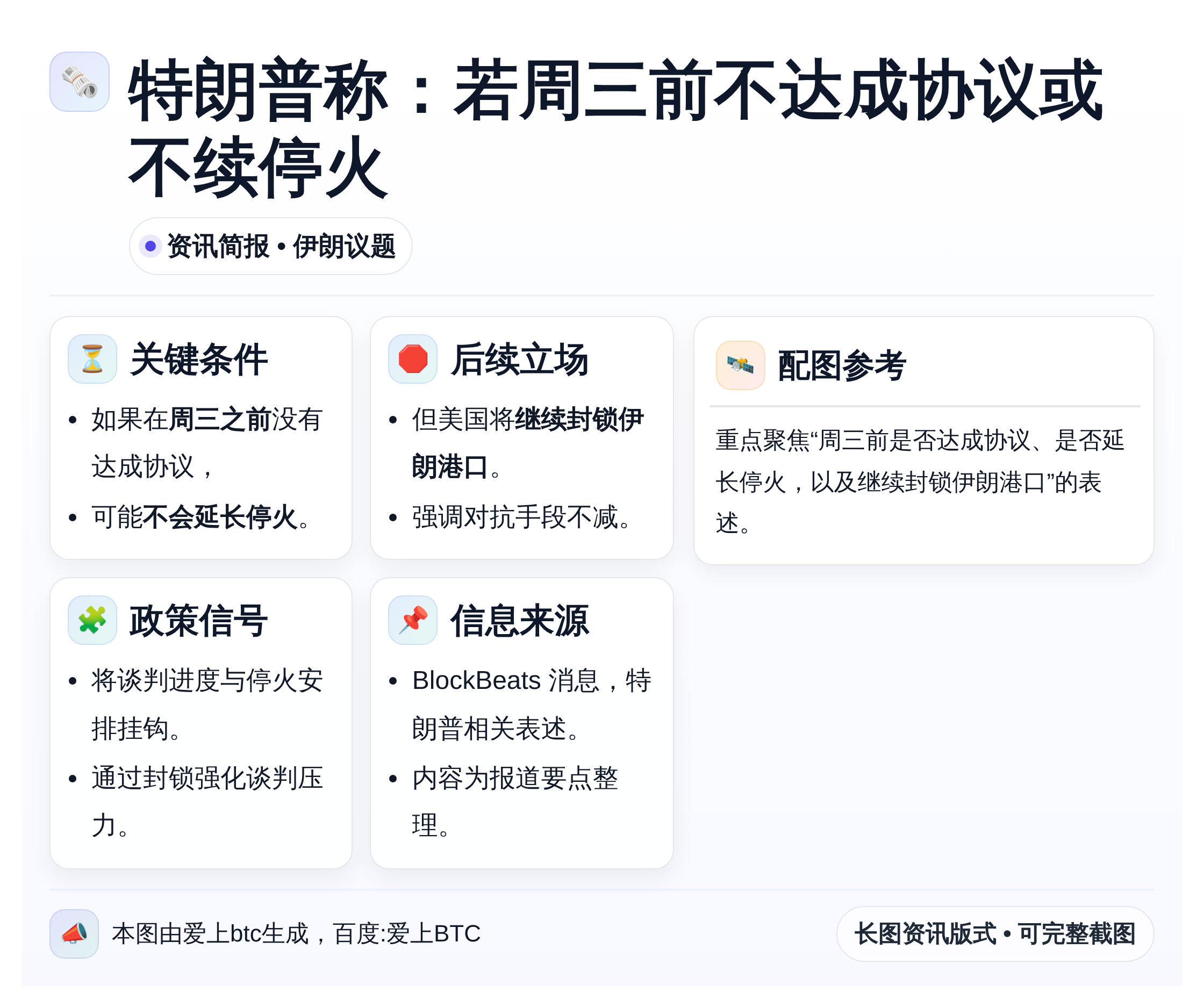 特朗普称：若周三前不达成协议或不续停火