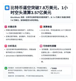 比特币逼空突破7.8万美元，1小时空头清算3.57亿美元