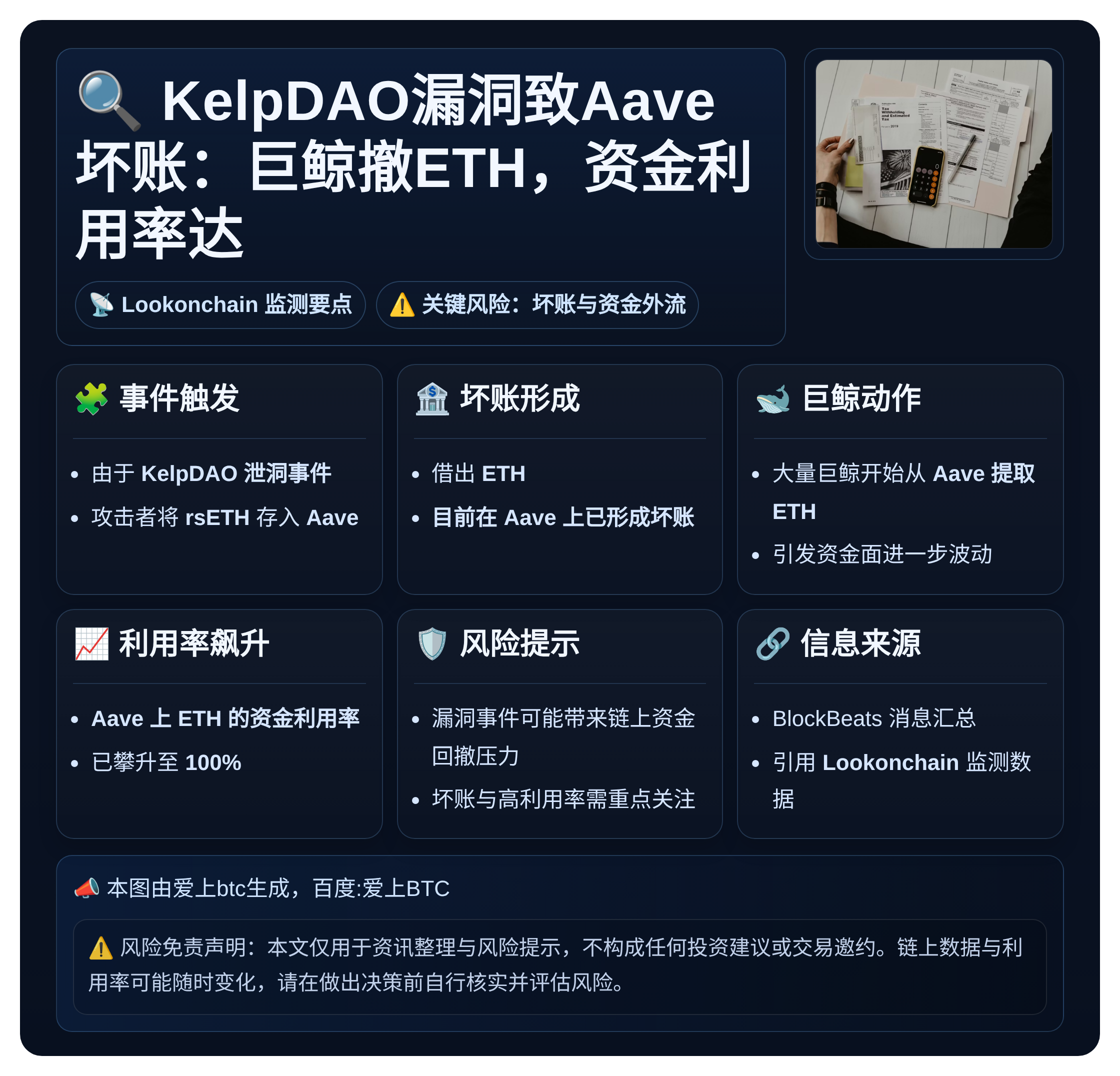 KelpDAO漏洞致Aave坏账：巨鲸撤ETH，资金利用率达