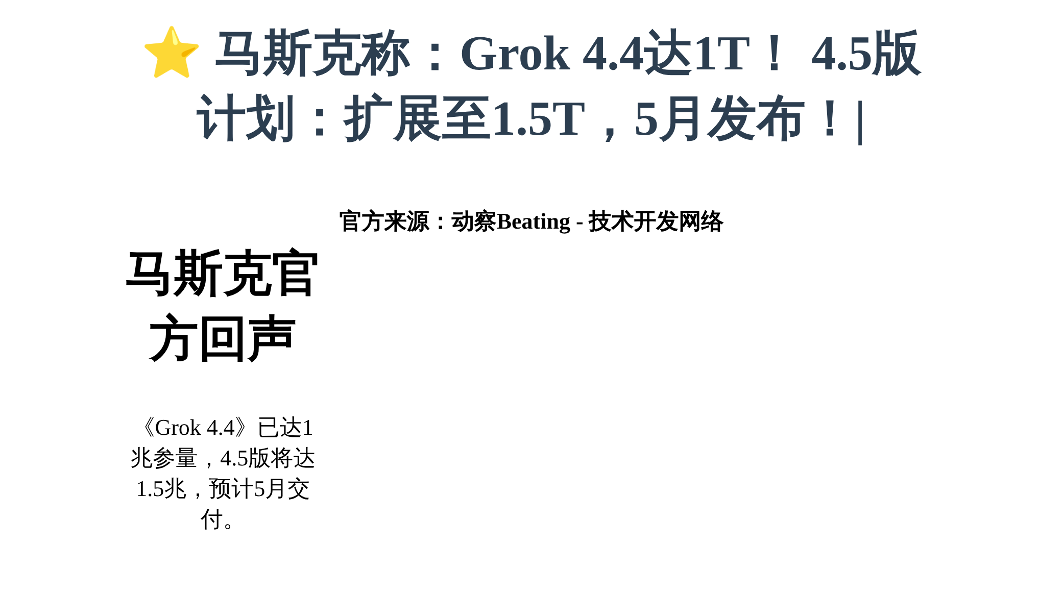 马斯克称：Grok 4.4达1T、4.5扩至1.5T或5月发