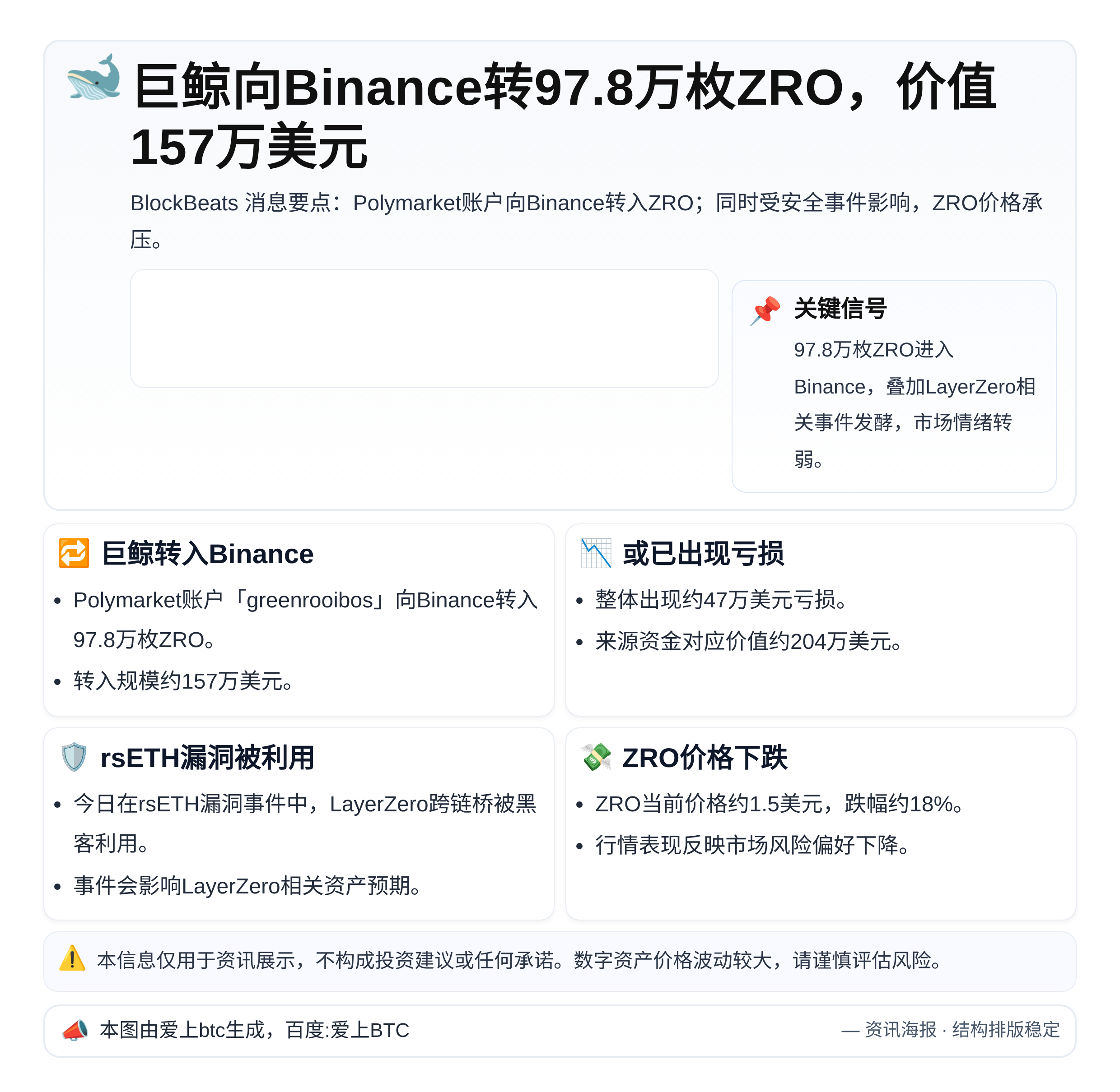 巨鲸向Binance转97.8万枚ZRO，价值157万美元