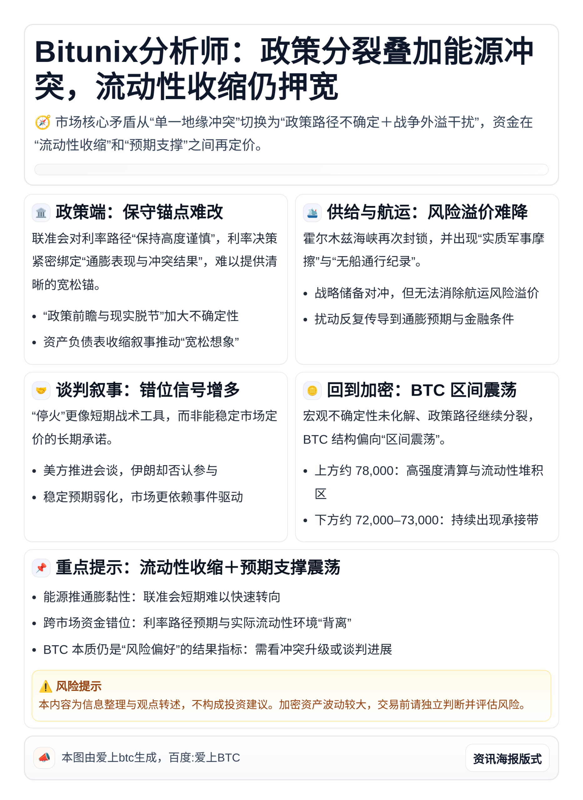 Bitunix分析师：政策分裂叠加能源冲突，流动性收缩仍押宽