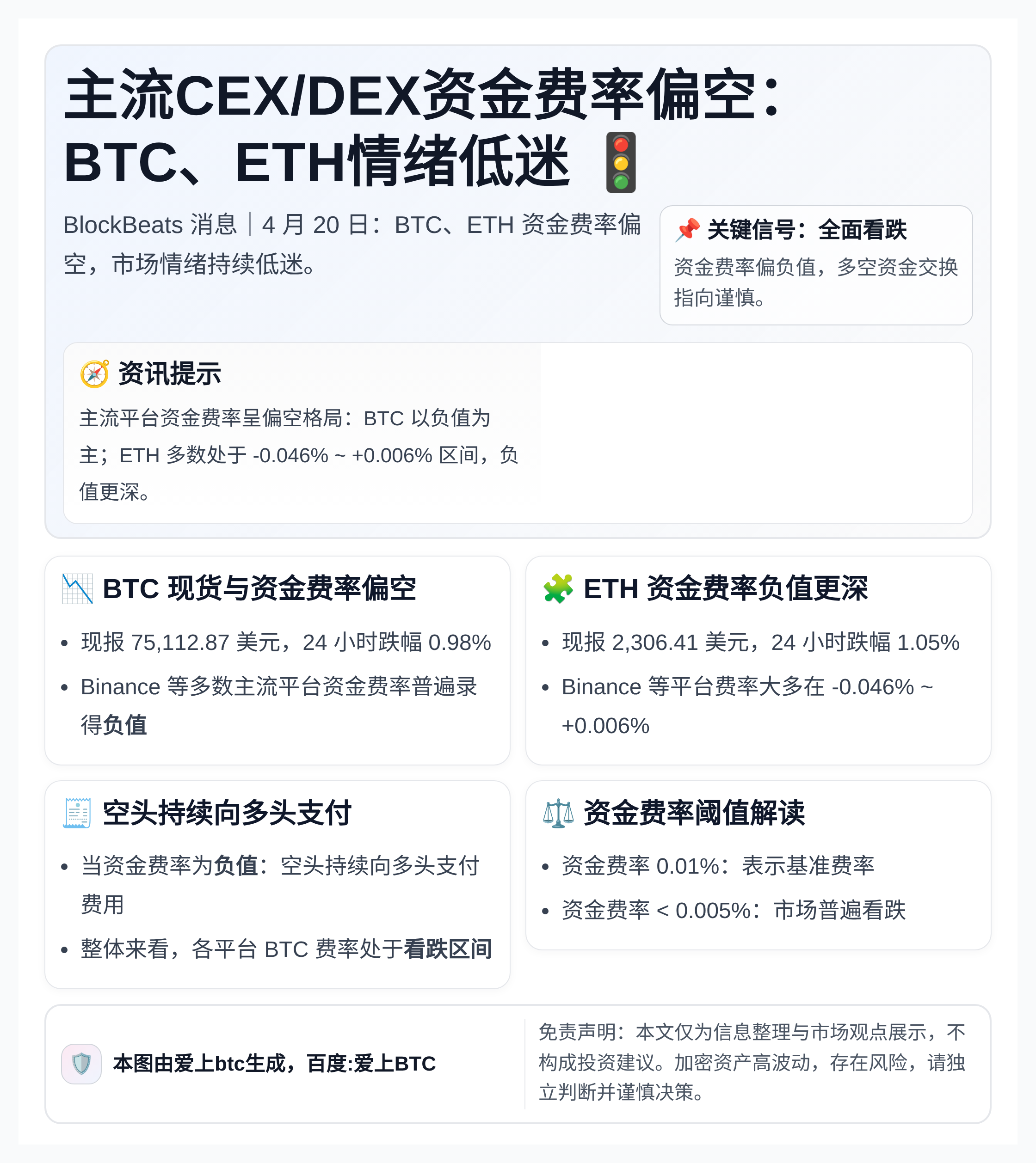 主流CEX/DEX资金费率偏空：BTC、ETH情绪低迷
